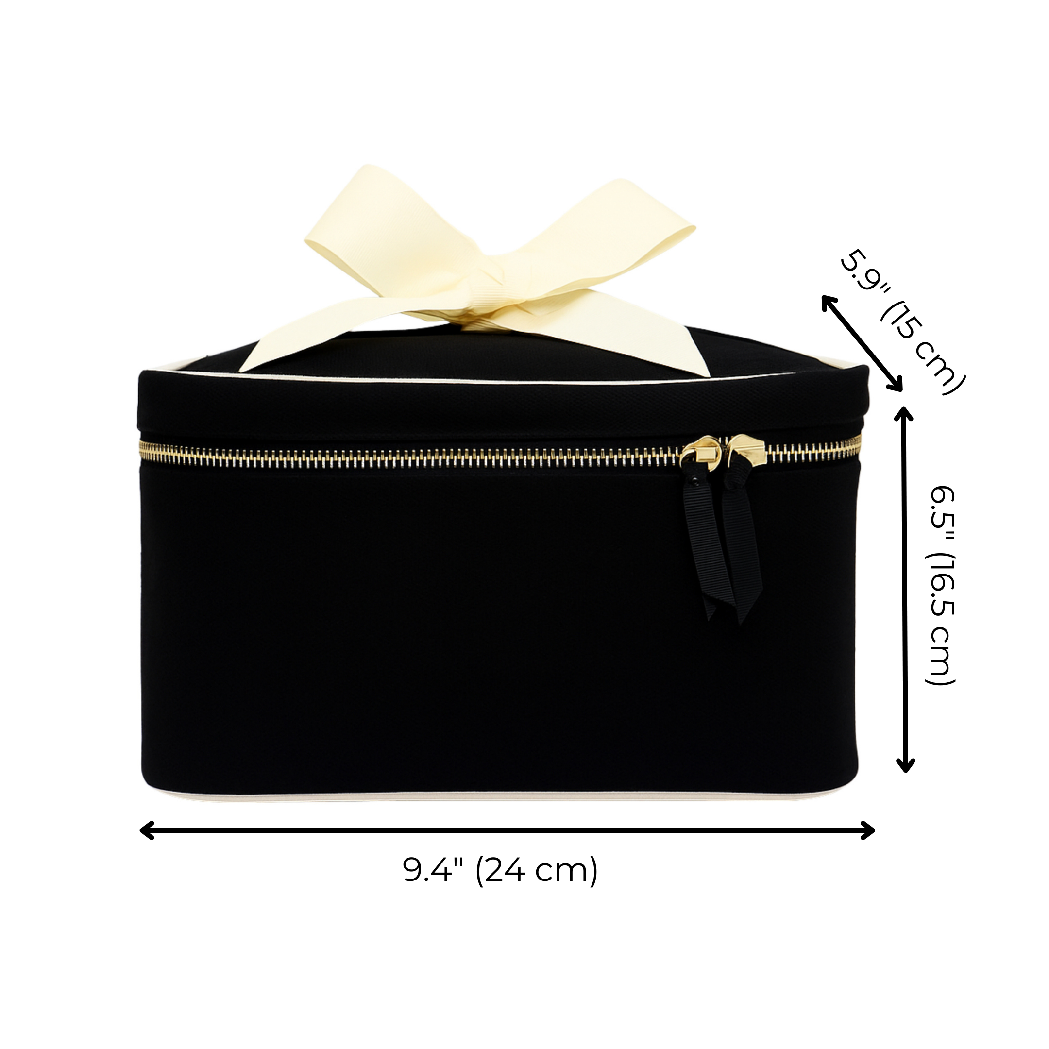 Black Bag-all medium box makeup and toiletry case with gold zipper and cream ribbon on white background