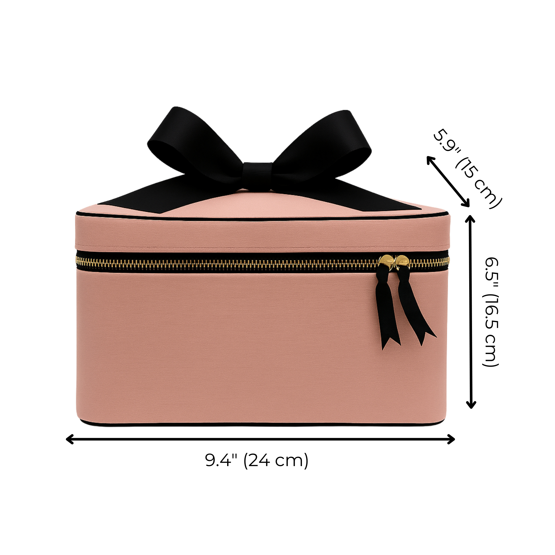 Pink Bag-all medium box makeup and toiletry case with black bow and gold zipper on white background with size details