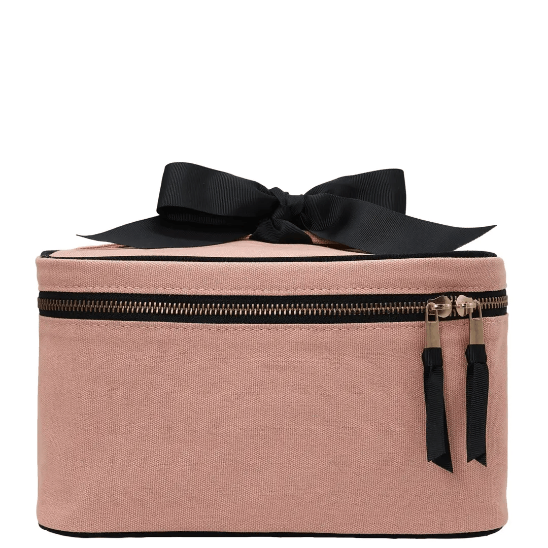 Medium Box Makeup & Toiletry with Insert Organizer – Pink/Blush Bag-all travel organization case with black bow and zip closure