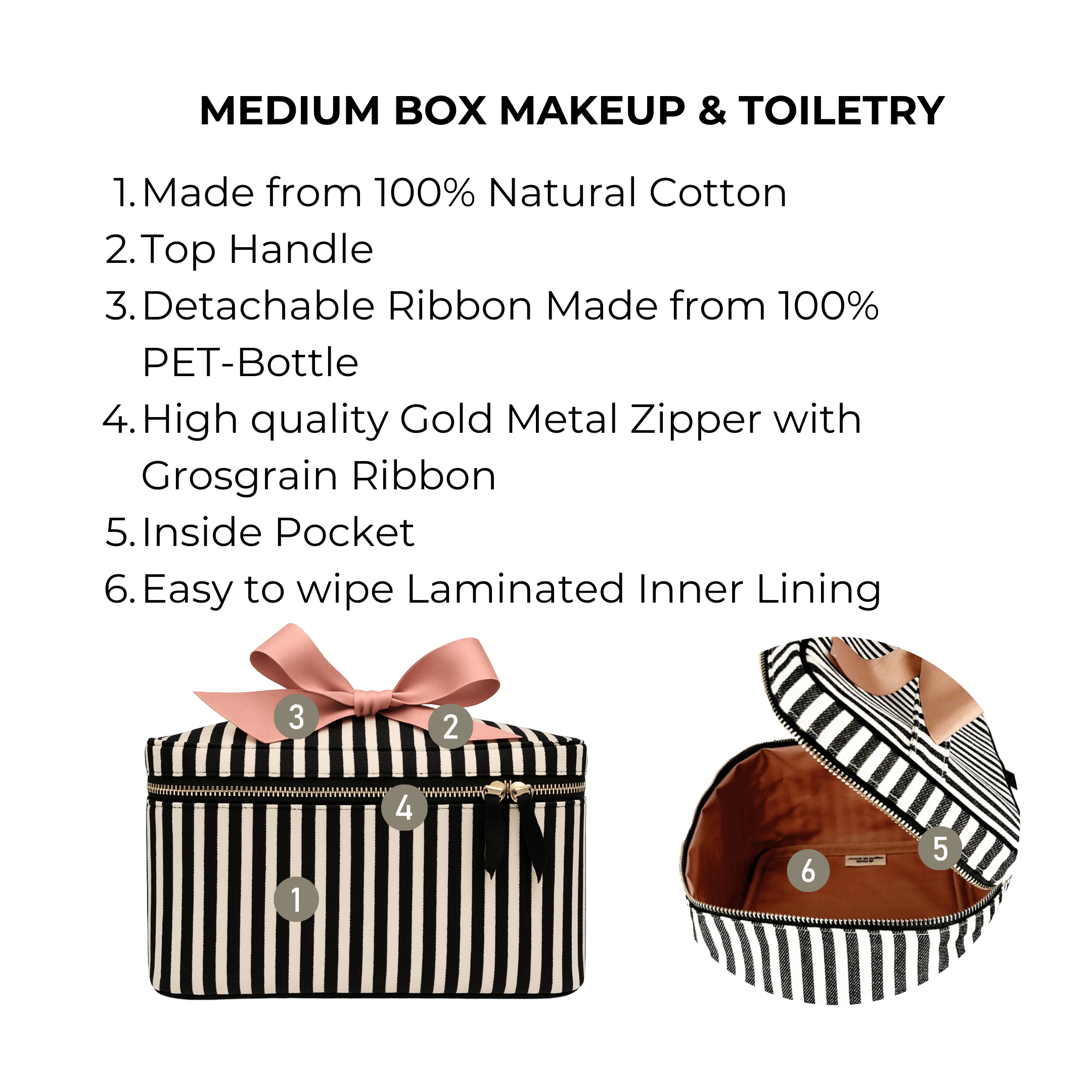 Black and white striped Bag-all medium box makeup and toiletry case with gold zipper and pink ribbon bow detail