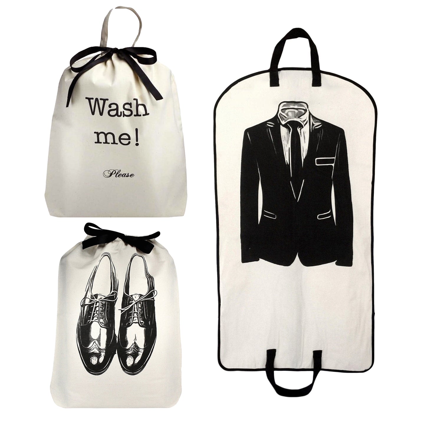 Bag-all Men's Travel Set 3-pack in Cream featuring laundry bag, shoe bag, and garment bag with black ribbon ties and stylish monochrome prints for organized travel