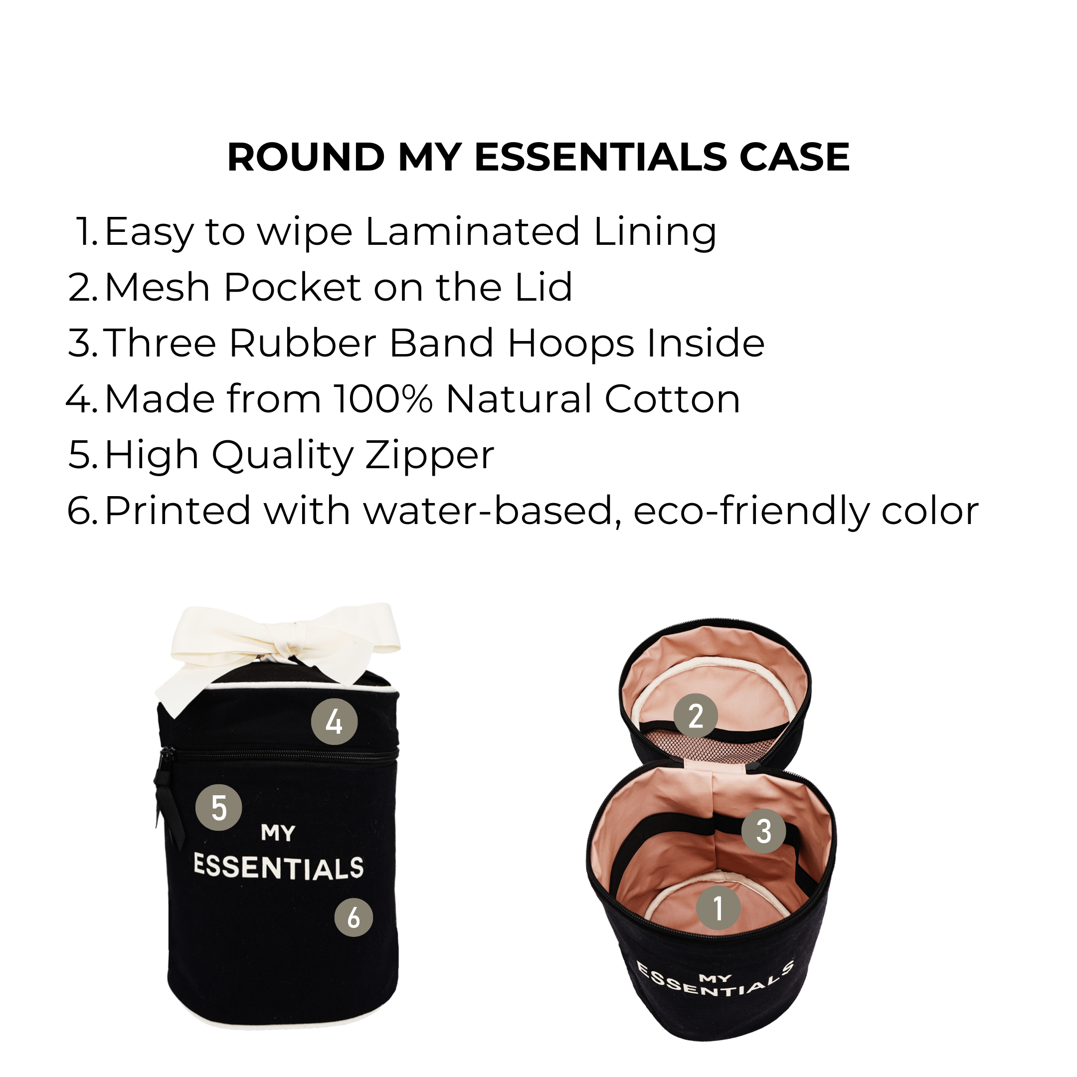 Bag-all Round My Essentials Case features laminated lining, mesh pocket, rubber bands, eco-friendly black cotton construction, ideal for organizing cosmetics and travel essentials