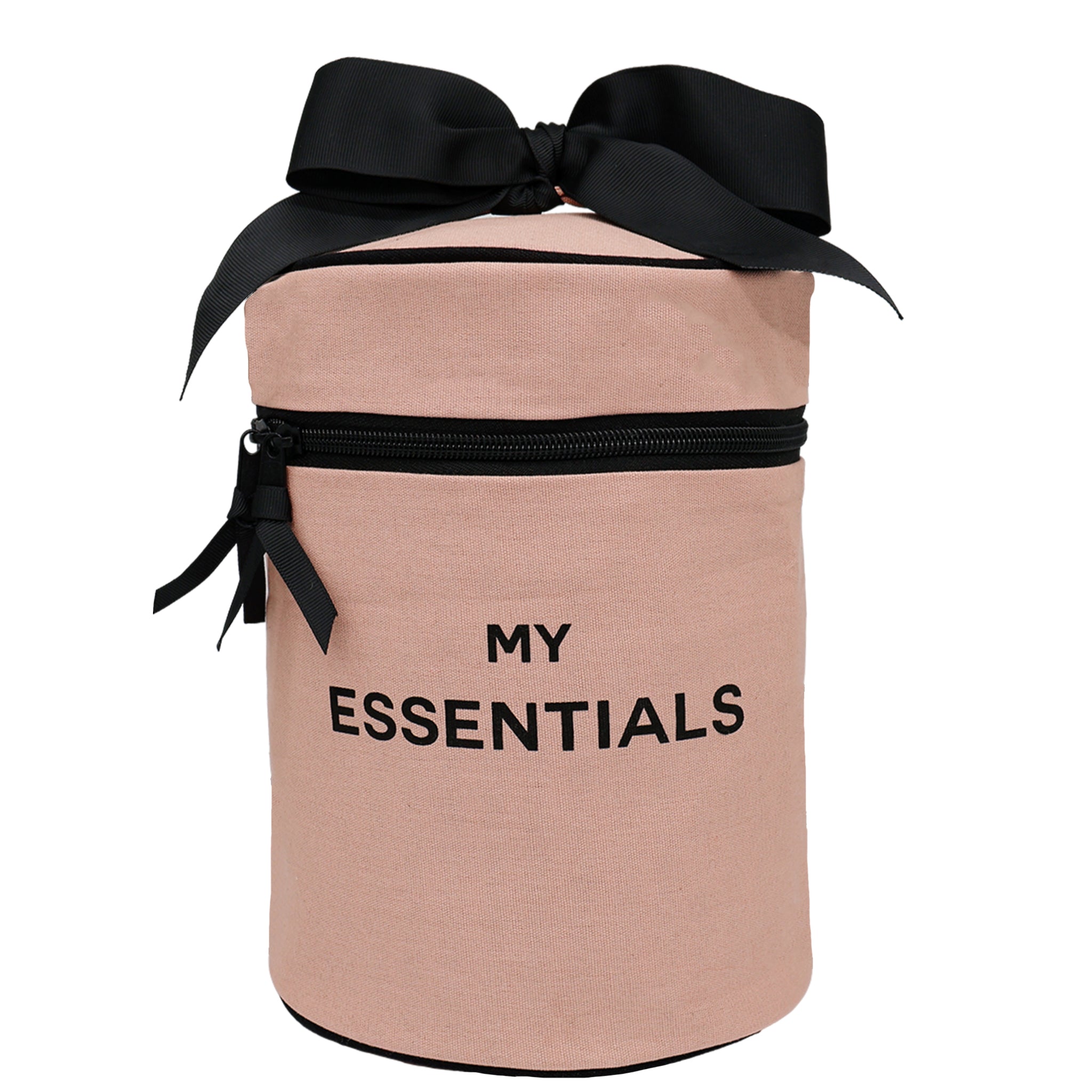 Bag-all Round Pink My Essentials Case with black bow, waterproof lined cotton travel organizer for makeup and cosmetics, featuring zipper closure and internal bands
