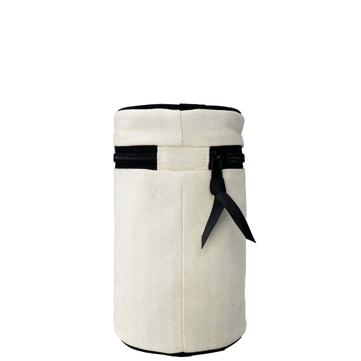 Bag-all Round My Scents Case in cream canvas with black zipper detail, cylindrical travel organizer for perfumes featuring protective laminated lining and secure rubber bands