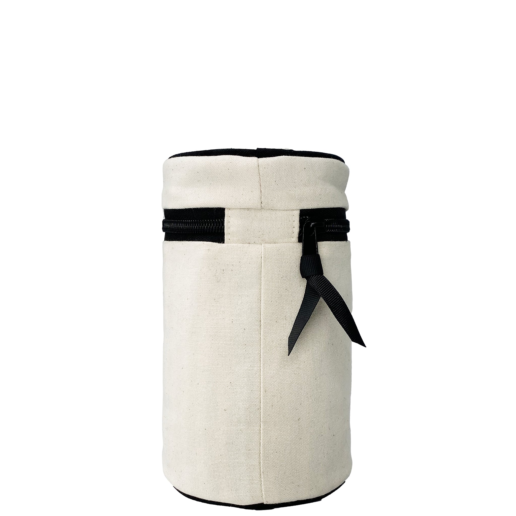 Bag-all Round My Scents Case in cream canvas with black zipper detail, cylindrical travel organizer for perfumes featuring protective laminated lining and secure rubber bands
