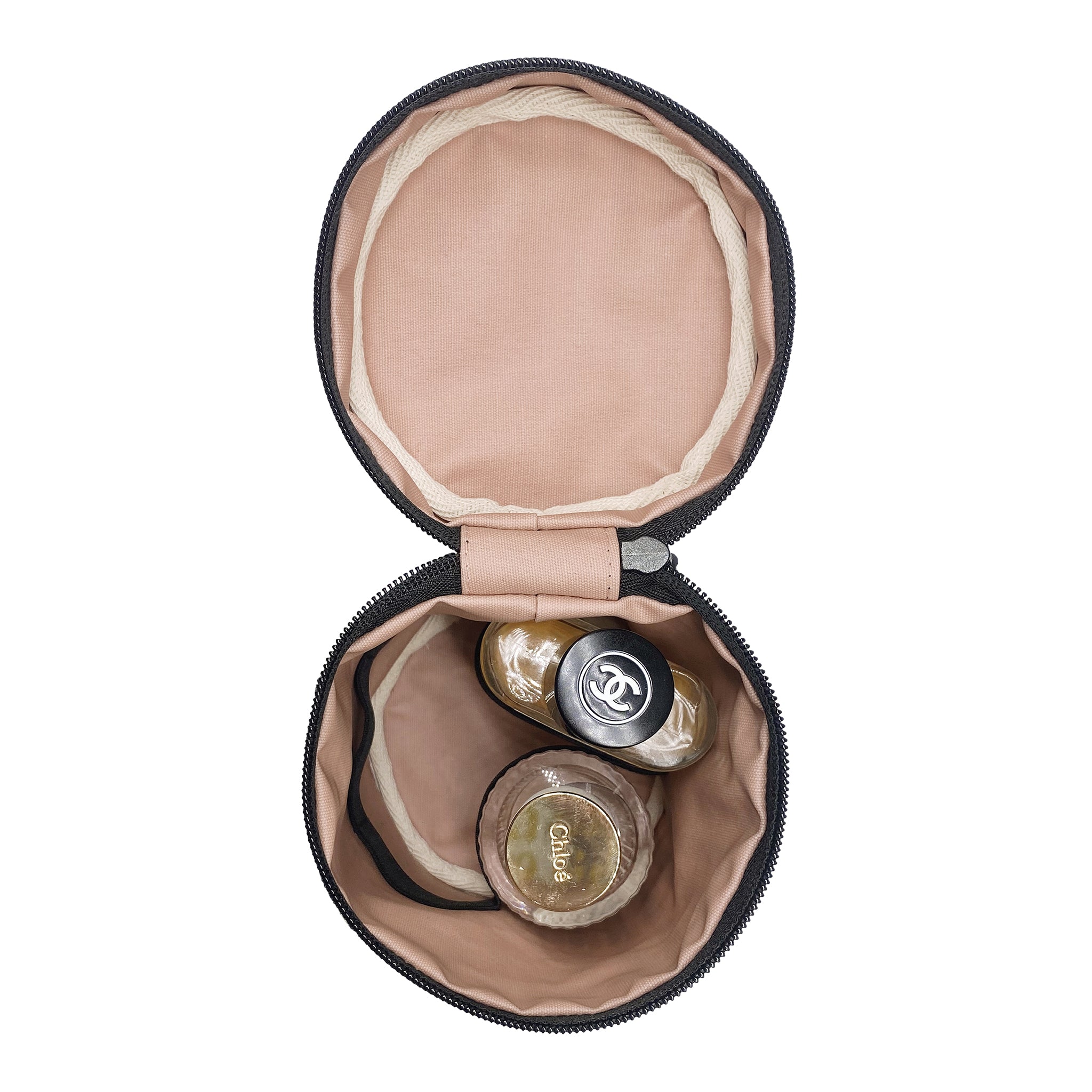 Bag-all Round My Scents Case, Striped - Circular organizing case with beige interior lining and elastic bands holding perfume bottles, showcasing practical storage design