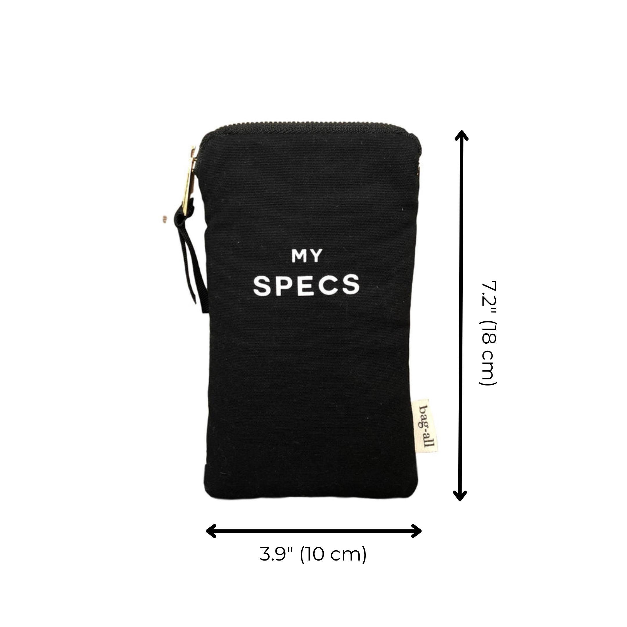 Bag-all My Specs Glasses Case with Outside Pocket in black cotton canvas, featuring white text, zipper closure, and measurements 7.2" x 3.9" (18 x 10 cm)