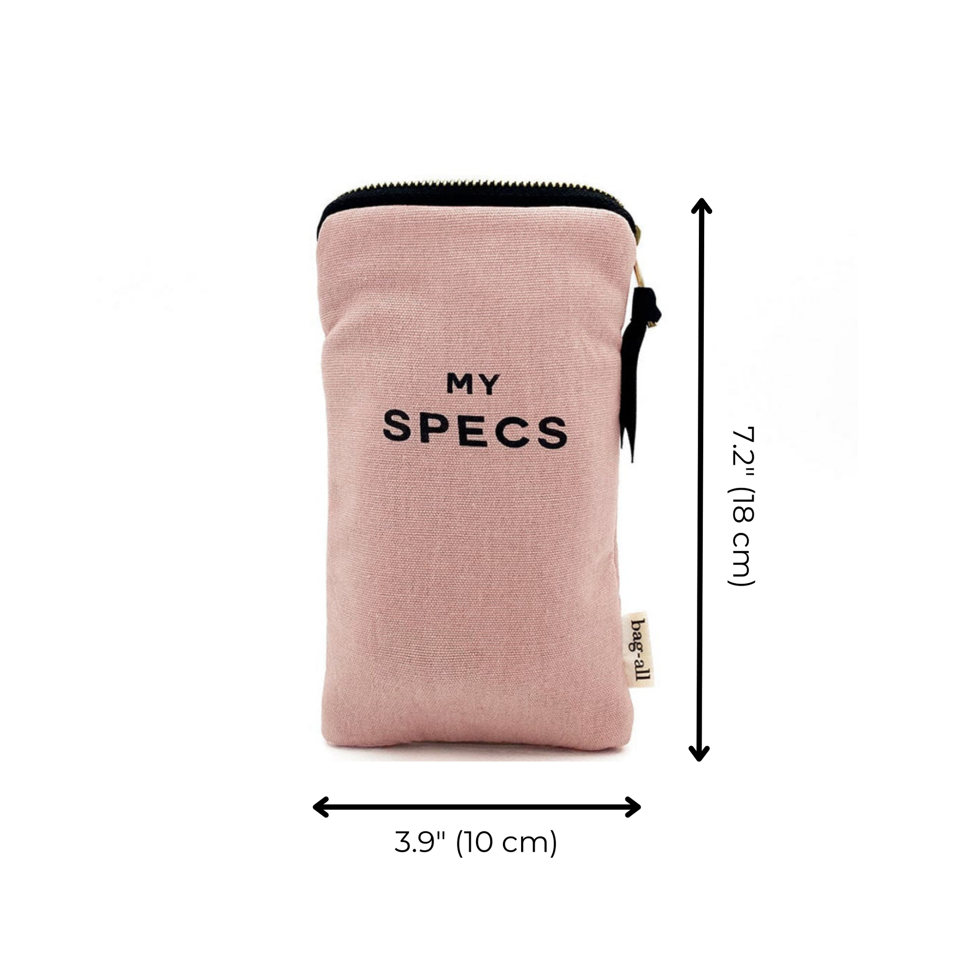 Bag-all My Specs Glasses Case in blush pink cotton with exterior pocket, black text design, gold zipper closure. Measures 7.2"/3.9" for protective eyewear storage