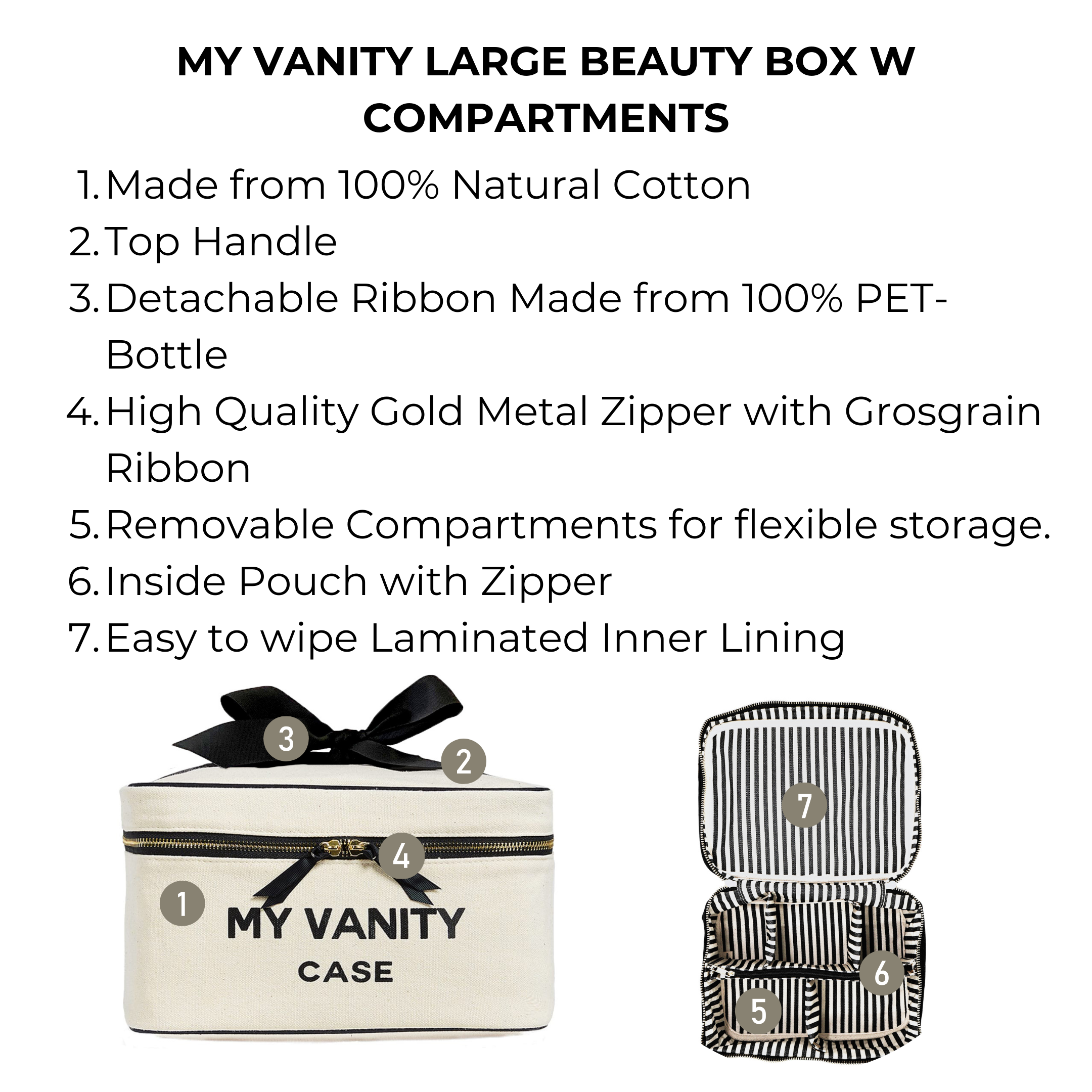 Cream Bag-all My Vanity large beauty box with gold zipper and removable compartments open with striped lining