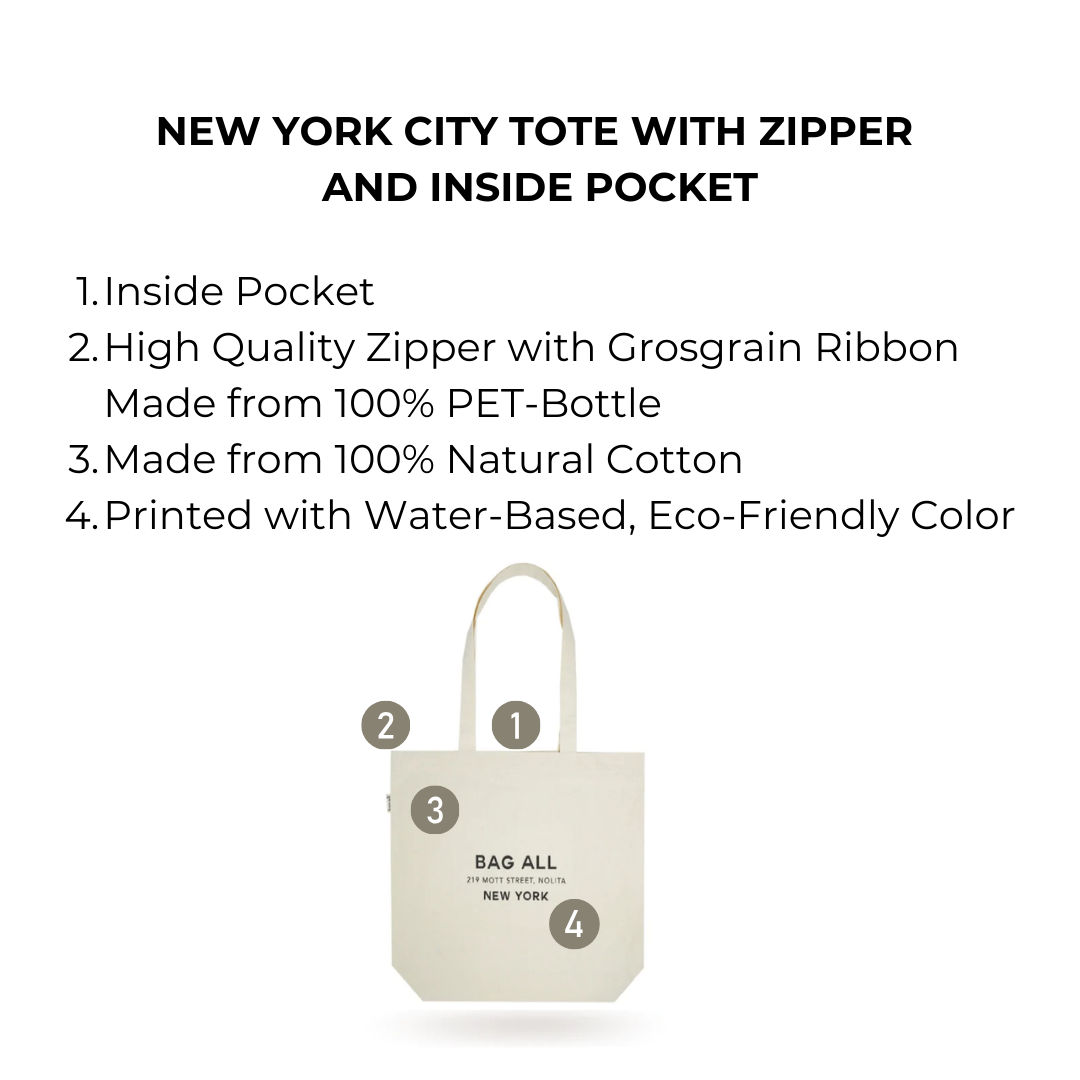 New York City Tote with Zipper and Inside Pocket, Cream | Bag-all