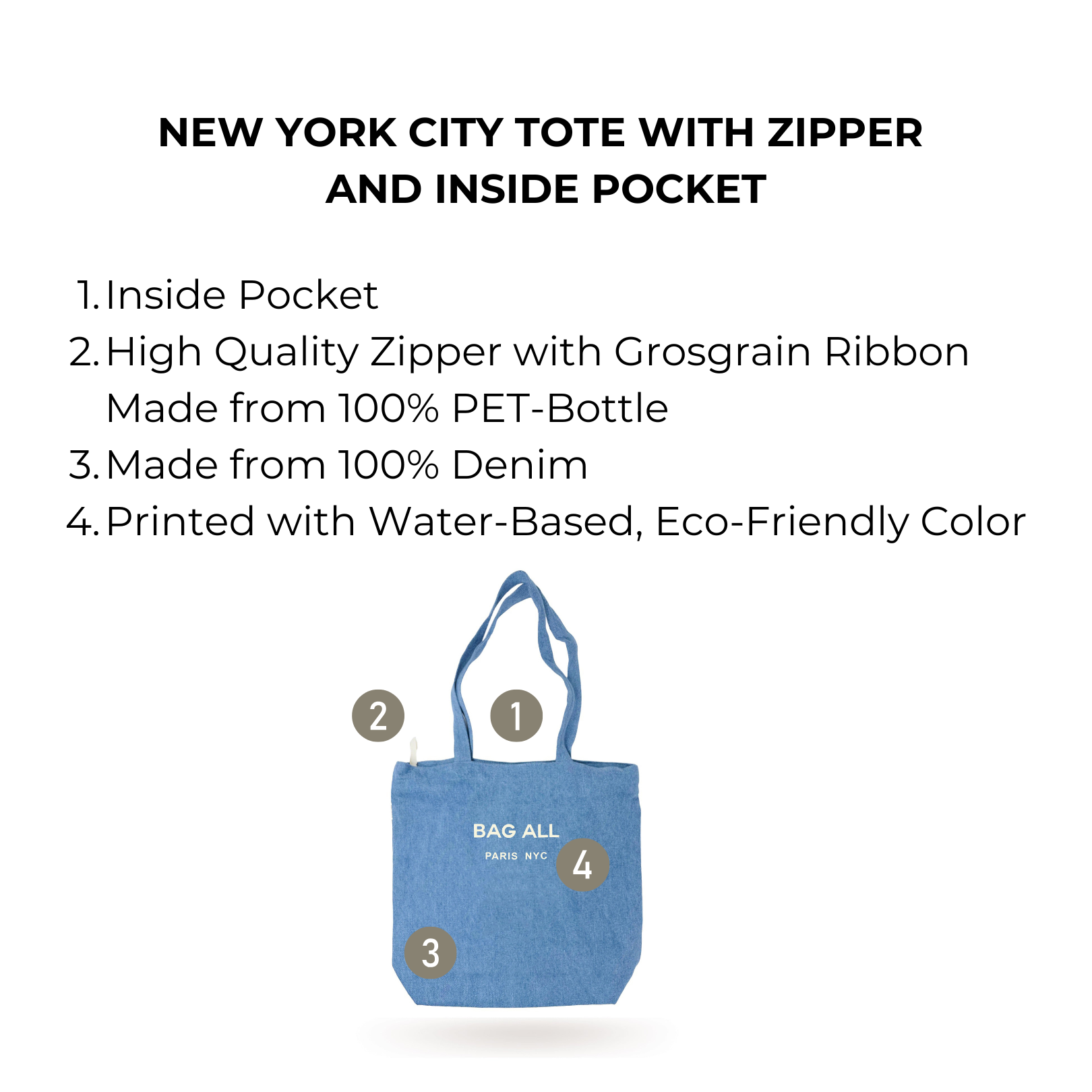 Denim New York City tote with zipper and inside pocket made by Bag-all from eco-friendly materials