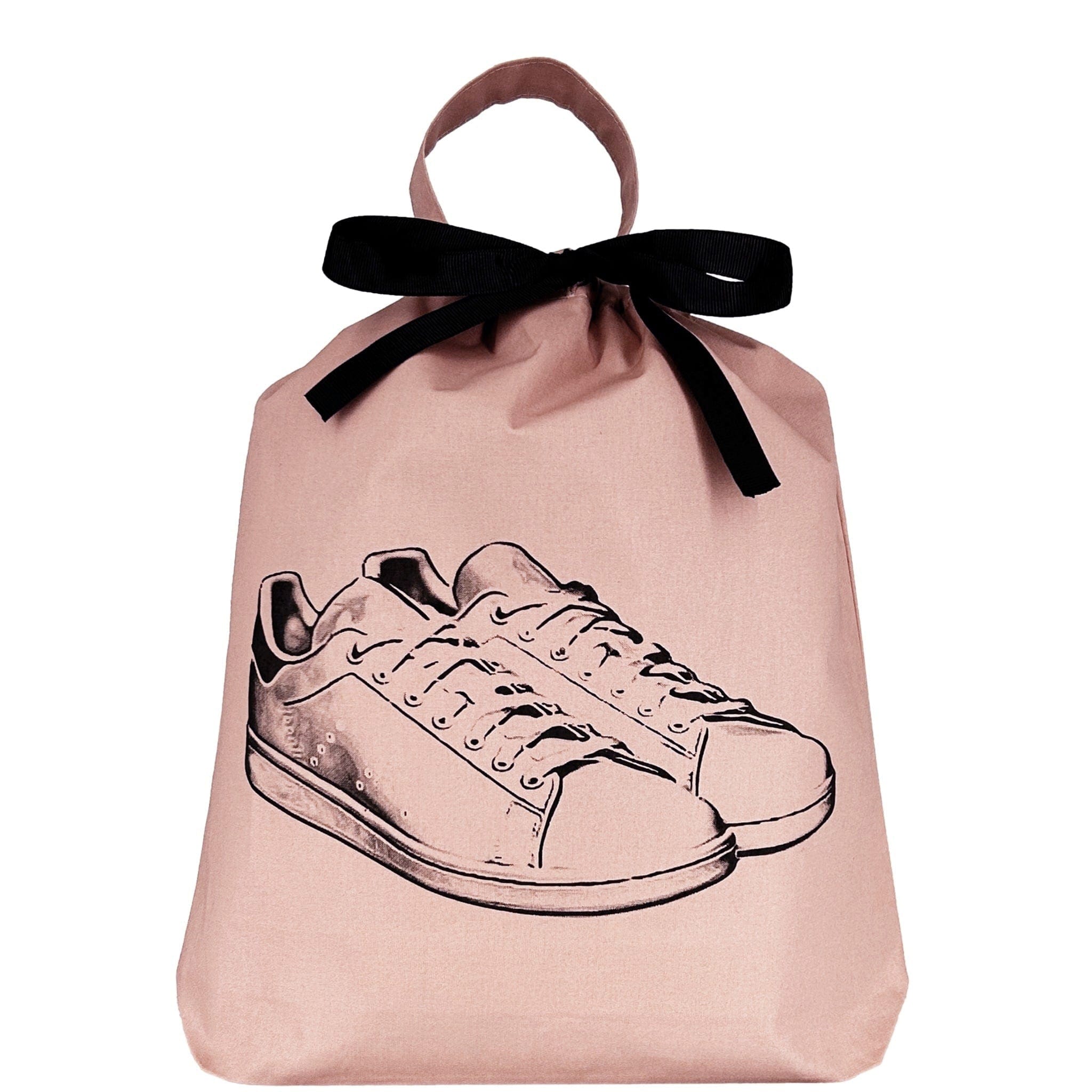 Bag-all Tennis Sneaker Shoe Bag in pink cotton with black sneaker illustration, drawstring closure and black bow, perfect for protecting and storing tennis shoes