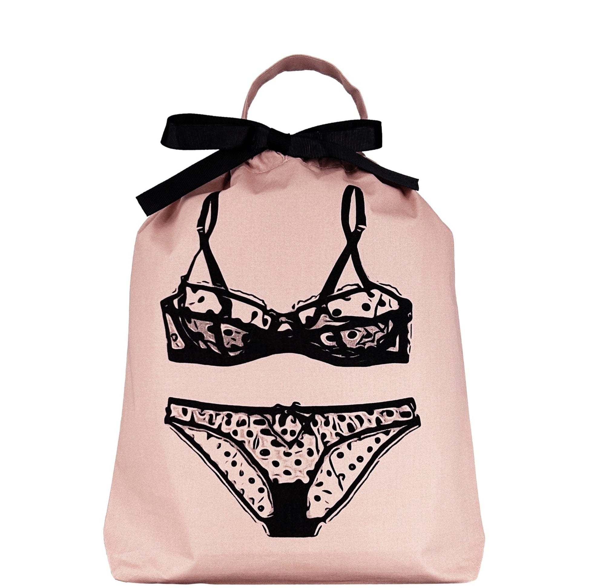 Bag-all Pink Polkadot Lingerie Travel Bag featuring black lingerie illustration with bow detail, perfect for organizing delicates while traveling or at home