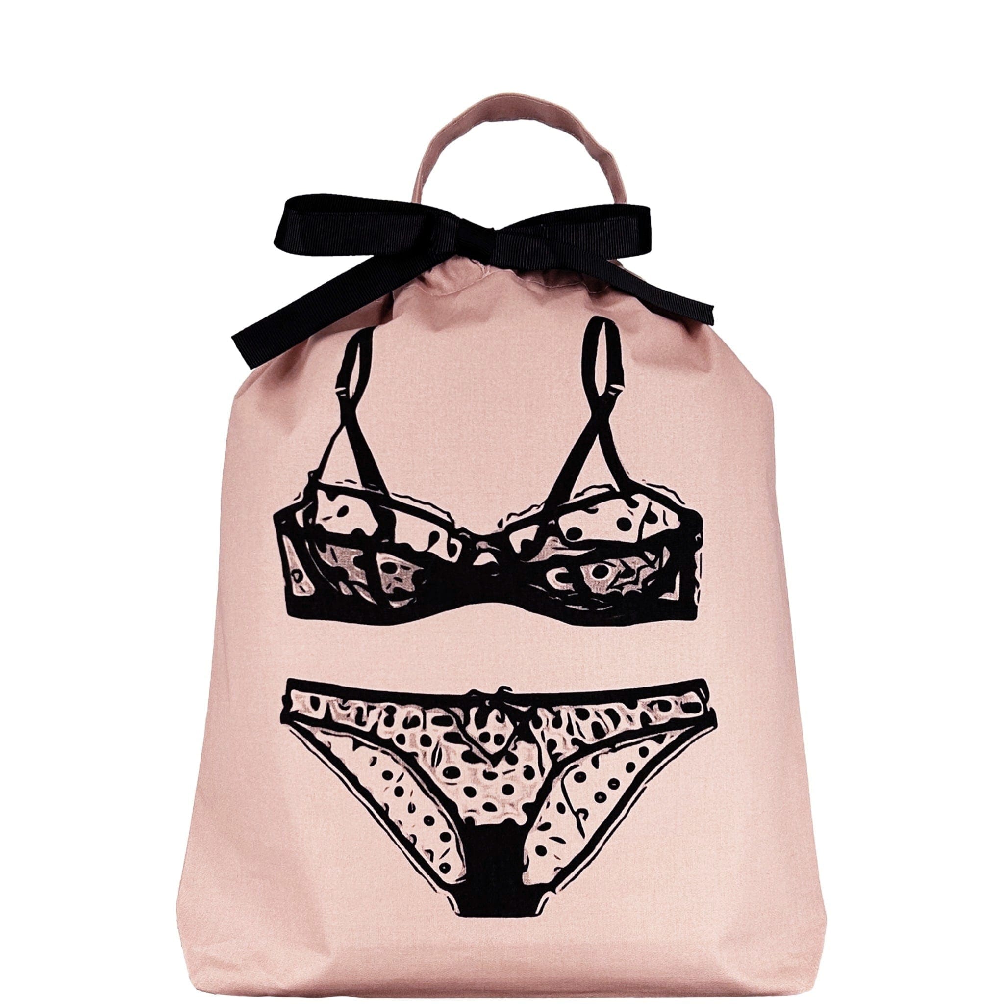Bag-all Pink Polkadot Lingerie Travel Bag featuring black lingerie illustration with bow detail, perfect for organizing delicates while traveling or at home