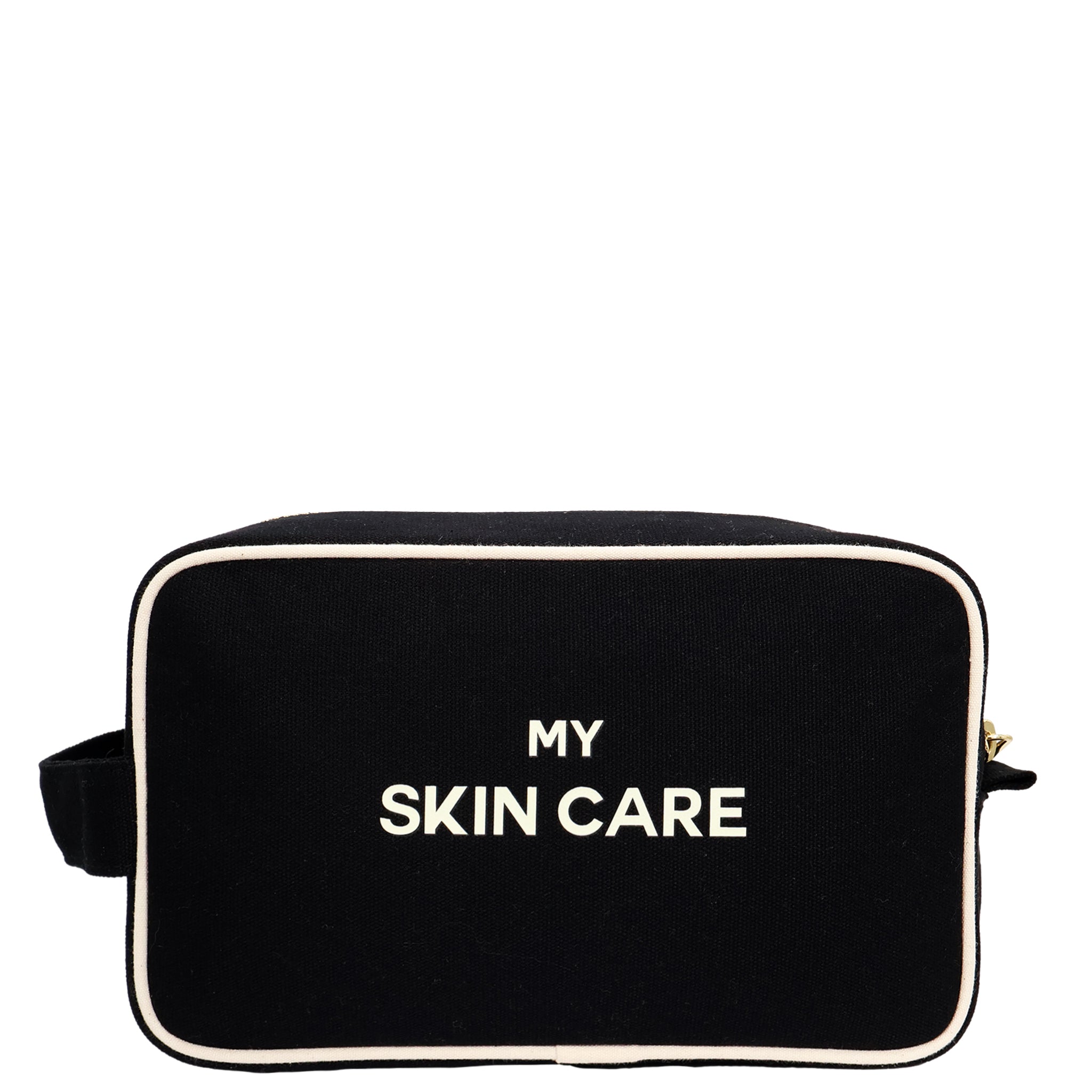 My Skin Care - Organizing Pouch w White Piping – Black, a personalized cotton travel bag for organized skincare storage by Paris-designed brand Bag-all.