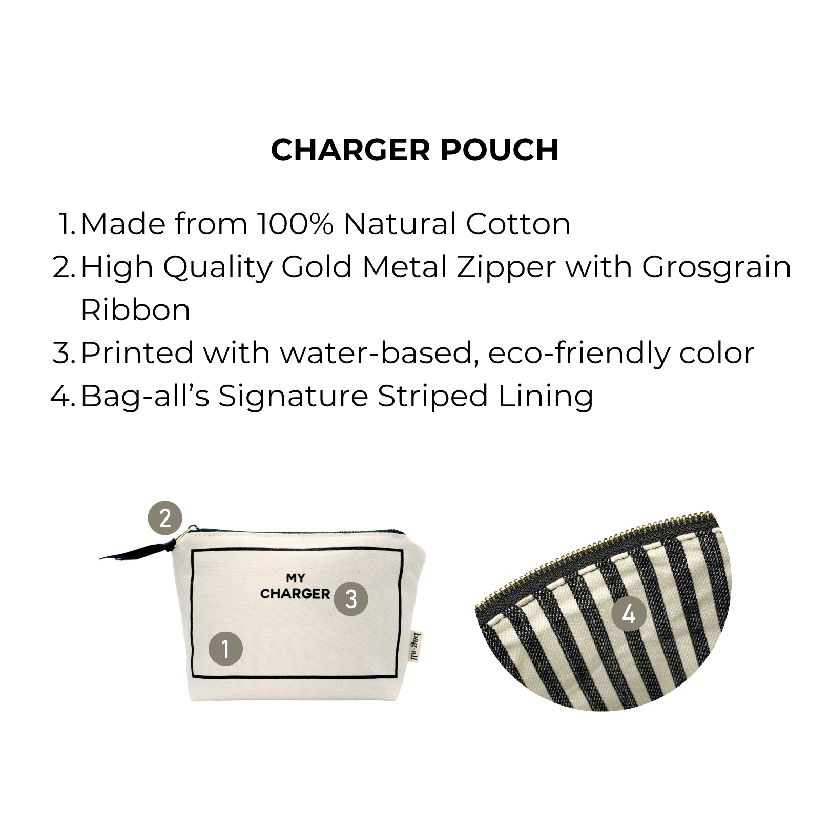 Charger Pouch, My Charger – Cream, a personalized cotton travel organizer with eco-friendly print, gold zipper, and Bag-all’s iconic striped lining for neat storage.