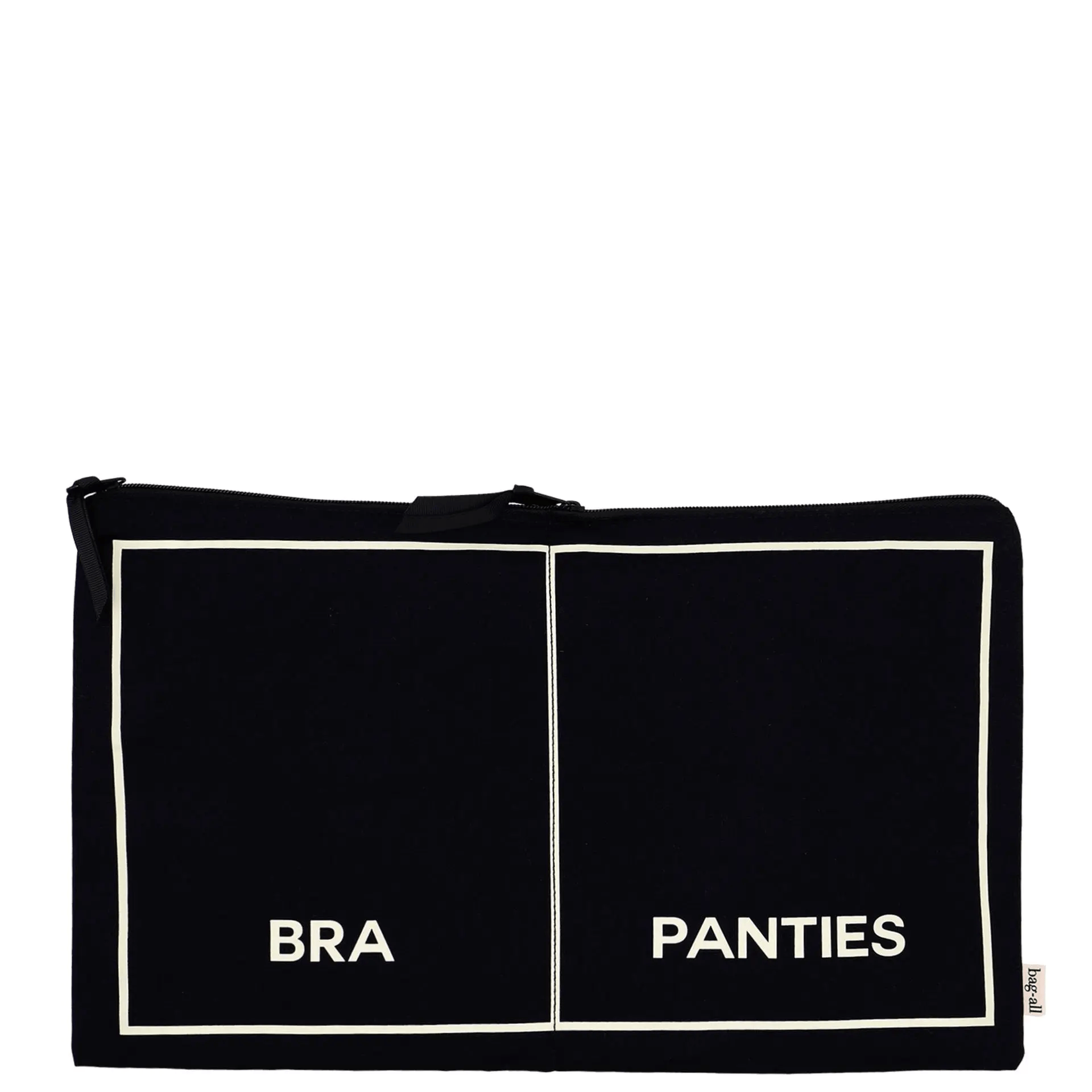 Black double underwear organizer with two compartments labeled Bra and Panties by Bag-all, perfect for travel or home use