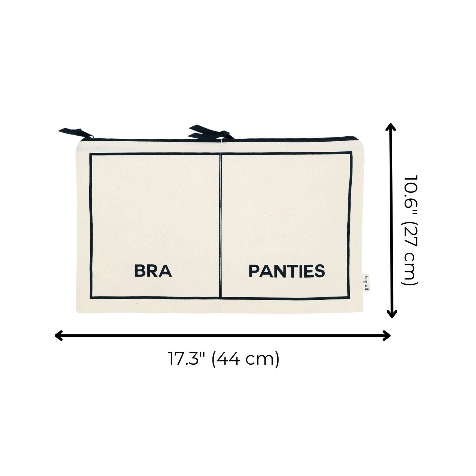Bag-all Double Underwear Organizer in cream with separate bra and panties compartments, durable natural cotton travel pouch.