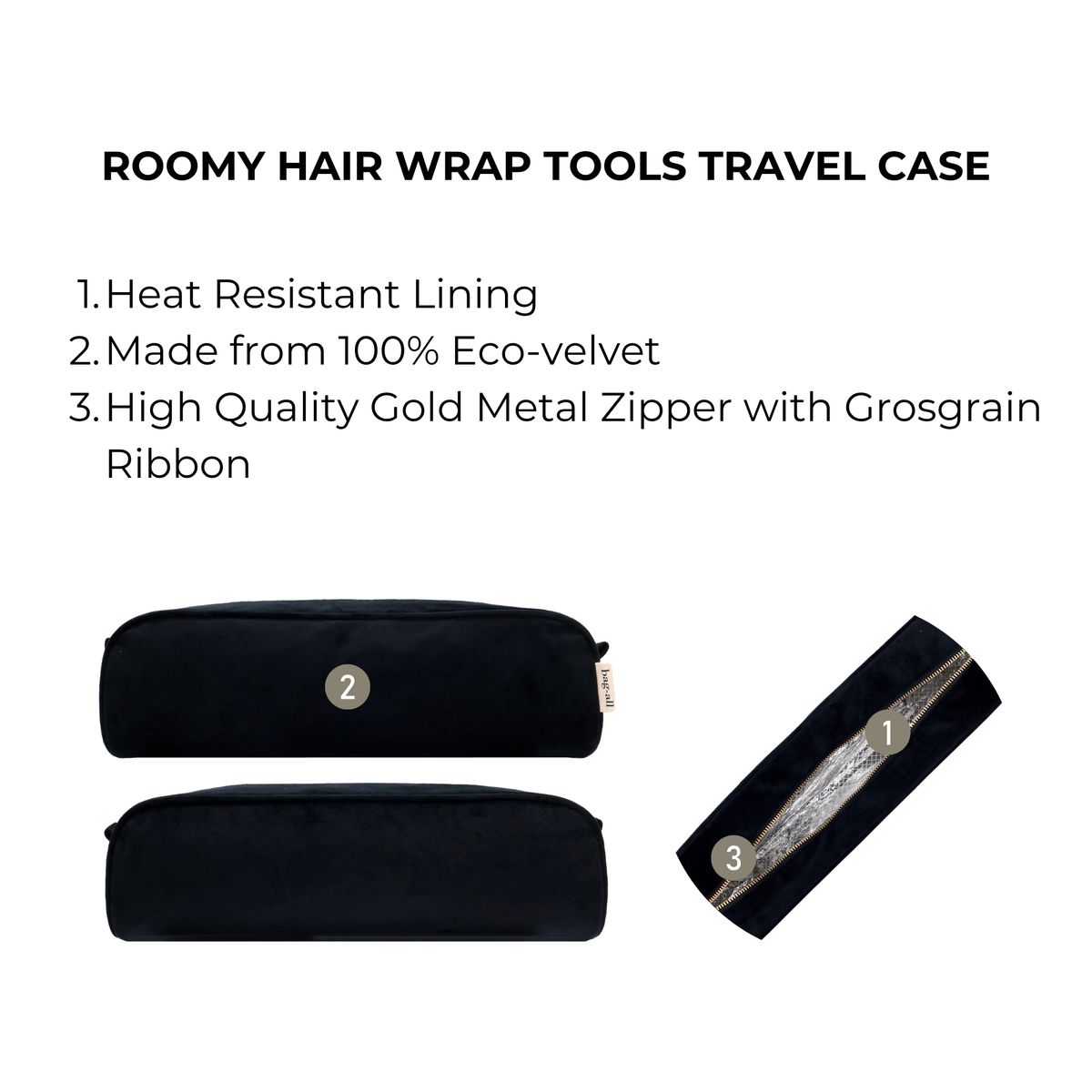 Roomy Hair Wrap Tools Travel Case – Velvet – Jetset Black feature infographic Bag-all Paris travel organizer with heat resistant lining
