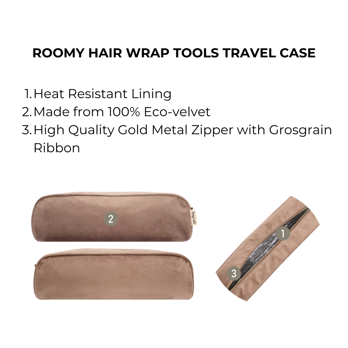 Roomy Hair Wrap Tools Travel Case – Velvet – Latte Taupe Bag-all feature infographic heat resistant lining and gold zipper
