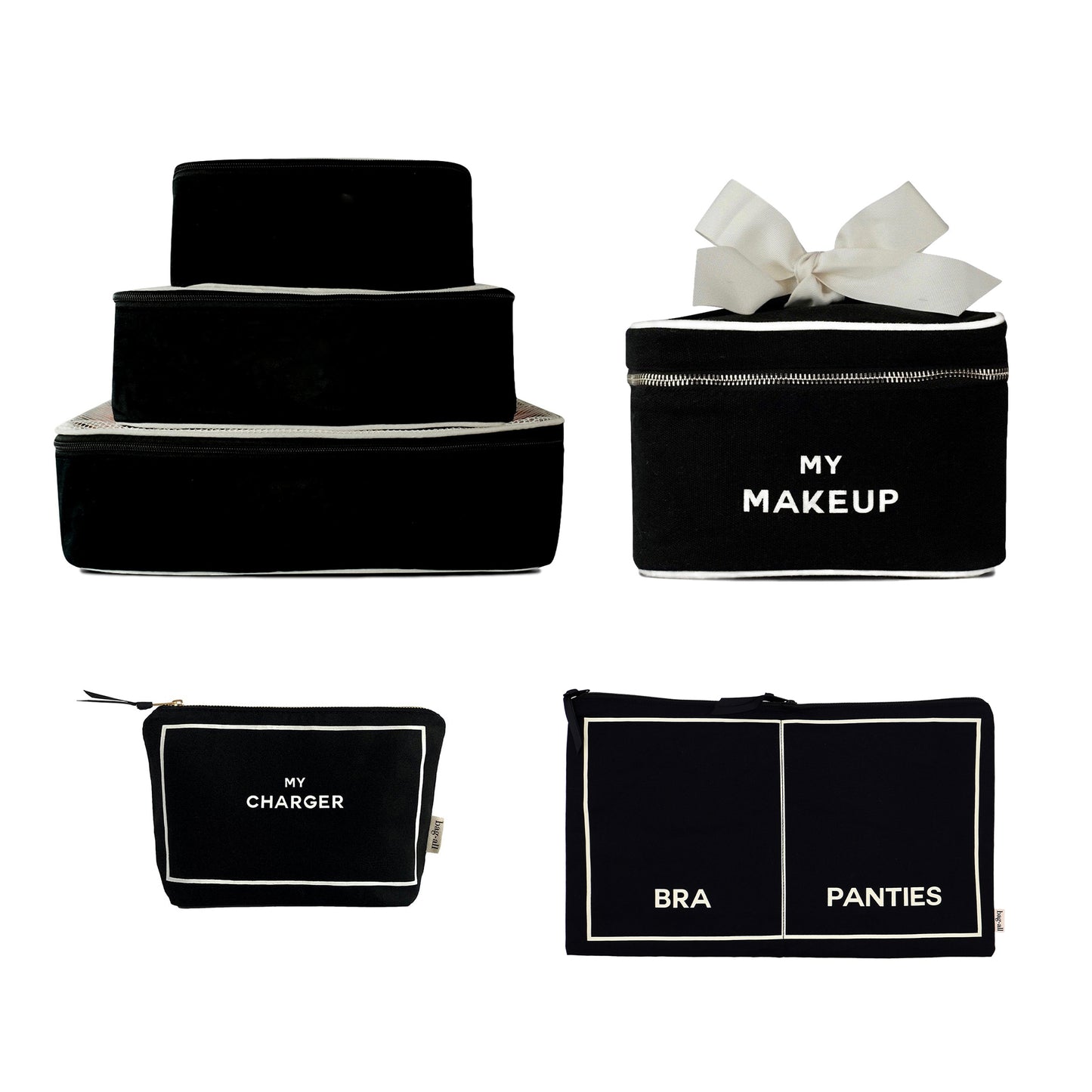 Paquete de 4 Travel Glam: organización, lencería, maquillaje y tecnología, negro