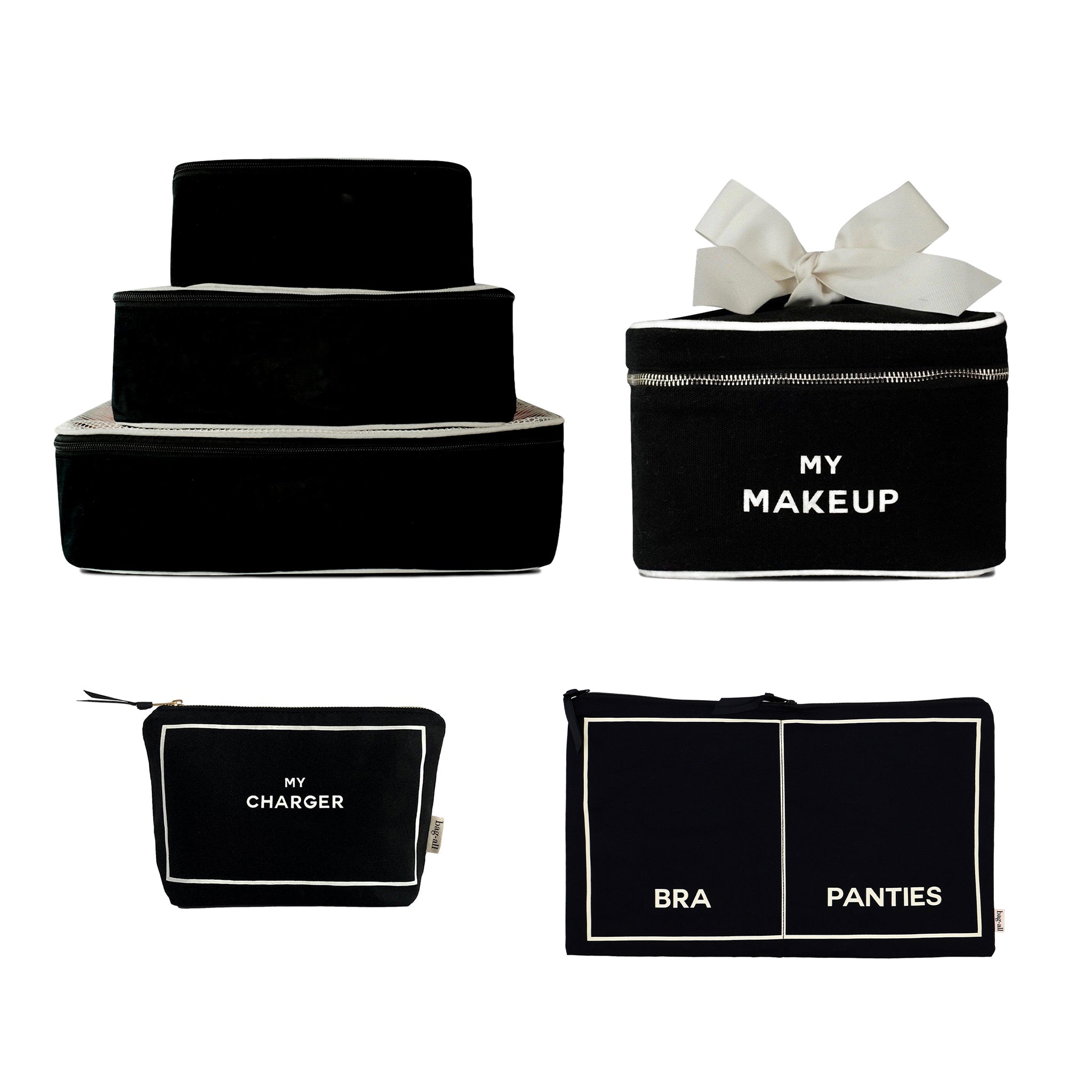 Bag-all Travel Glam 4-pack black cotton organizers for makeup, tech, lingerie, and packing cubes with stylish design
