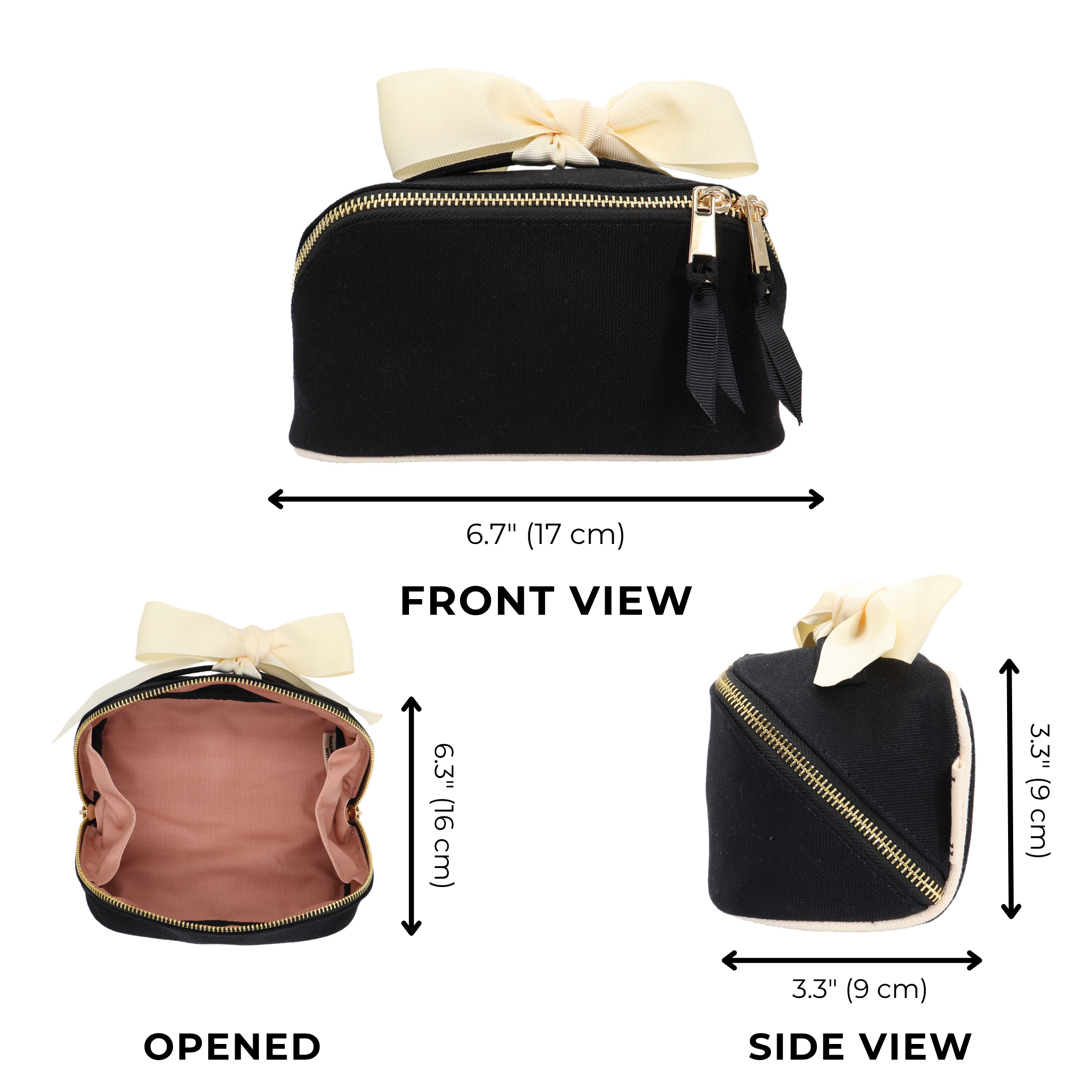 Petite Accordion Makeup Case – Black by Bag-all, compact personalized cotton travel organizer with gold zipper and cream bow, ideal for stylish packing.