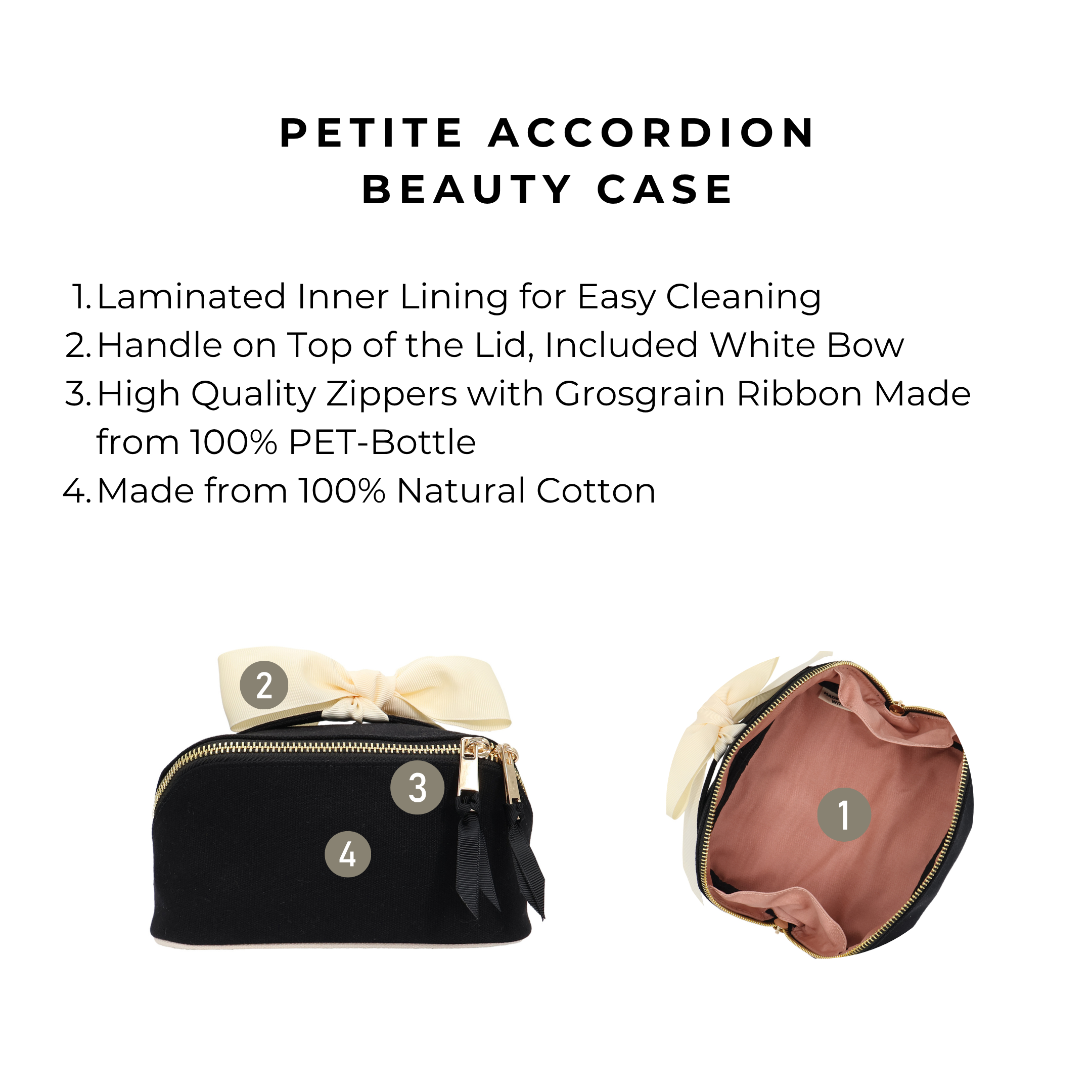 Petite Accordion Makeup Case – Black by Bag-all, a personalized cotton travel accessory with laminated lining, durable zippers, and a stylish bow handle for organized packing.