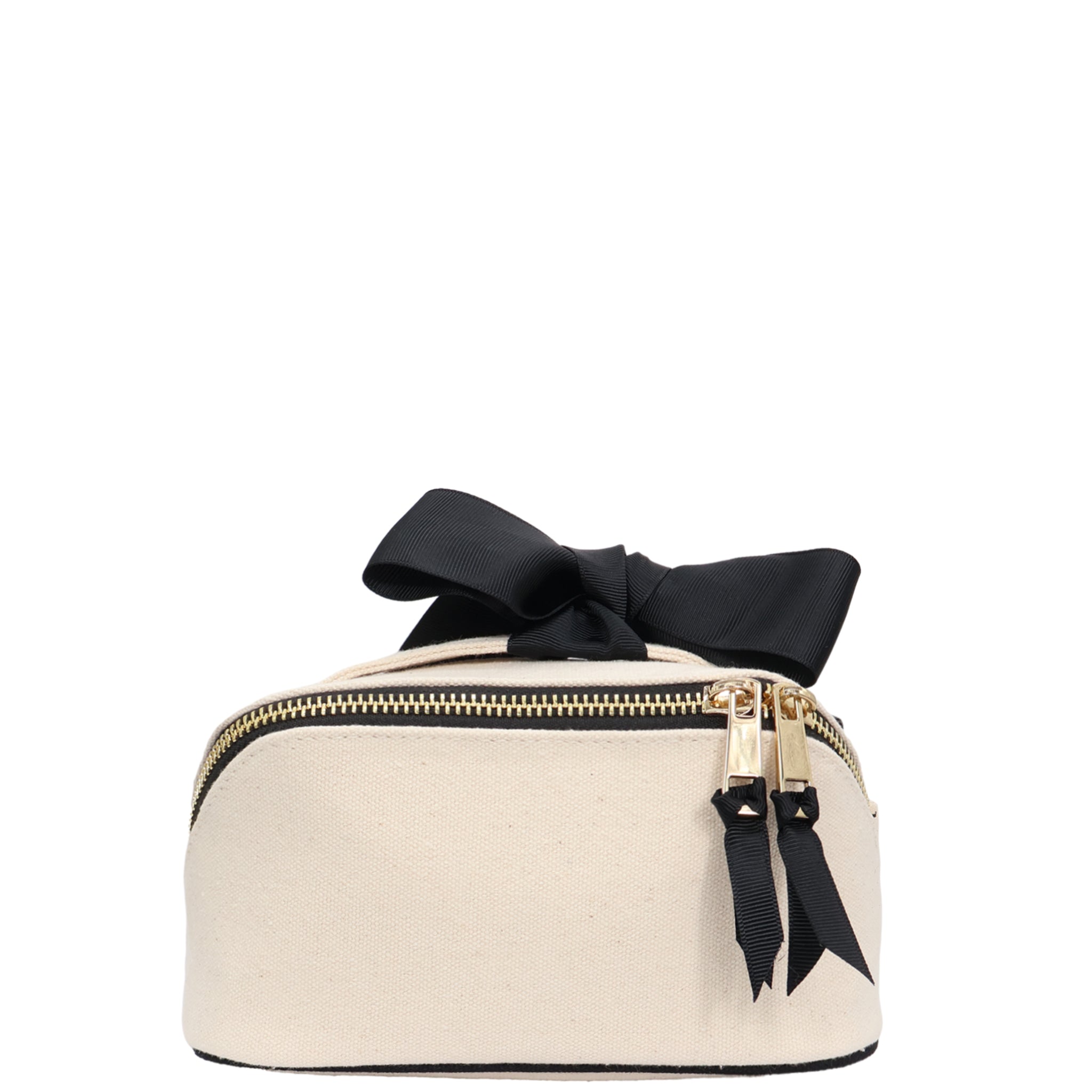 Petite Accordion Makeup Case – Cream by Bag-all, a Paris-designed personalized cotton travel bag with gold zippers and black bow for chic organization and packing