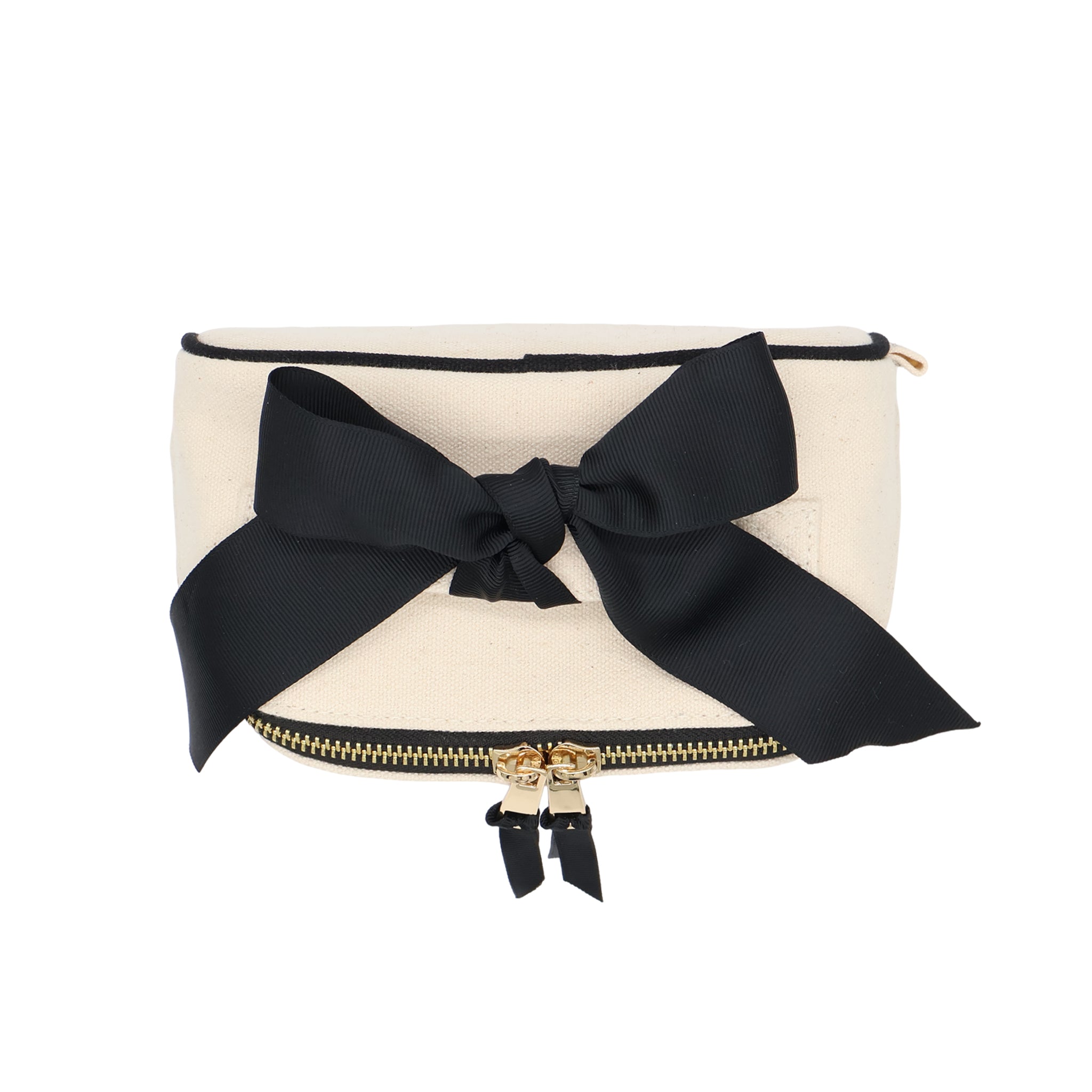 Petite Accordion Makeup Case – Cream with black bow, a personalized cotton travel bag by Bag-all for stylish organization and easy packing on the go