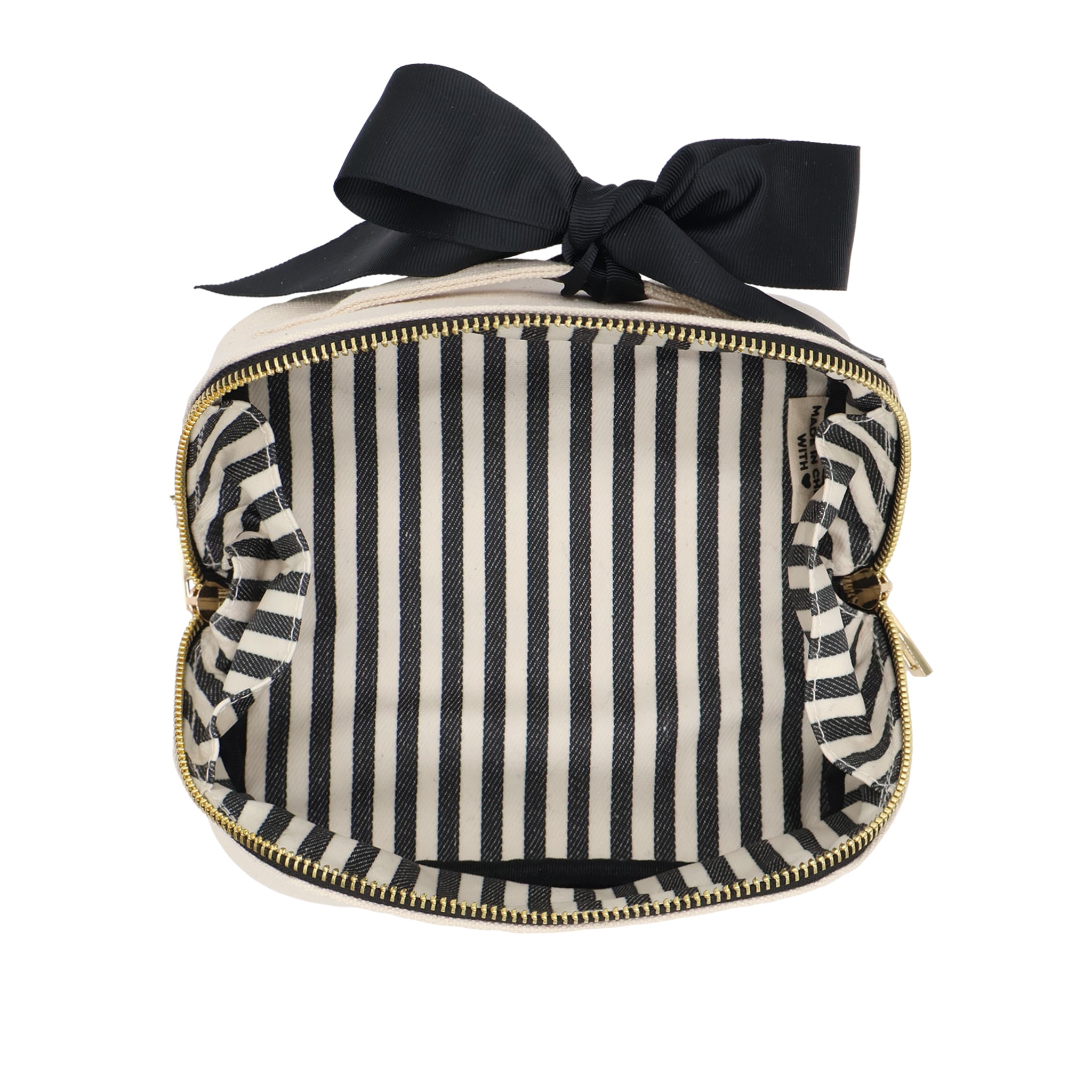 Petite Accordion Makeup Case – Cream by Bag-all, a Paris-designed personalized cotton travel bag with spacious interior and elegant black bow for organized packing.