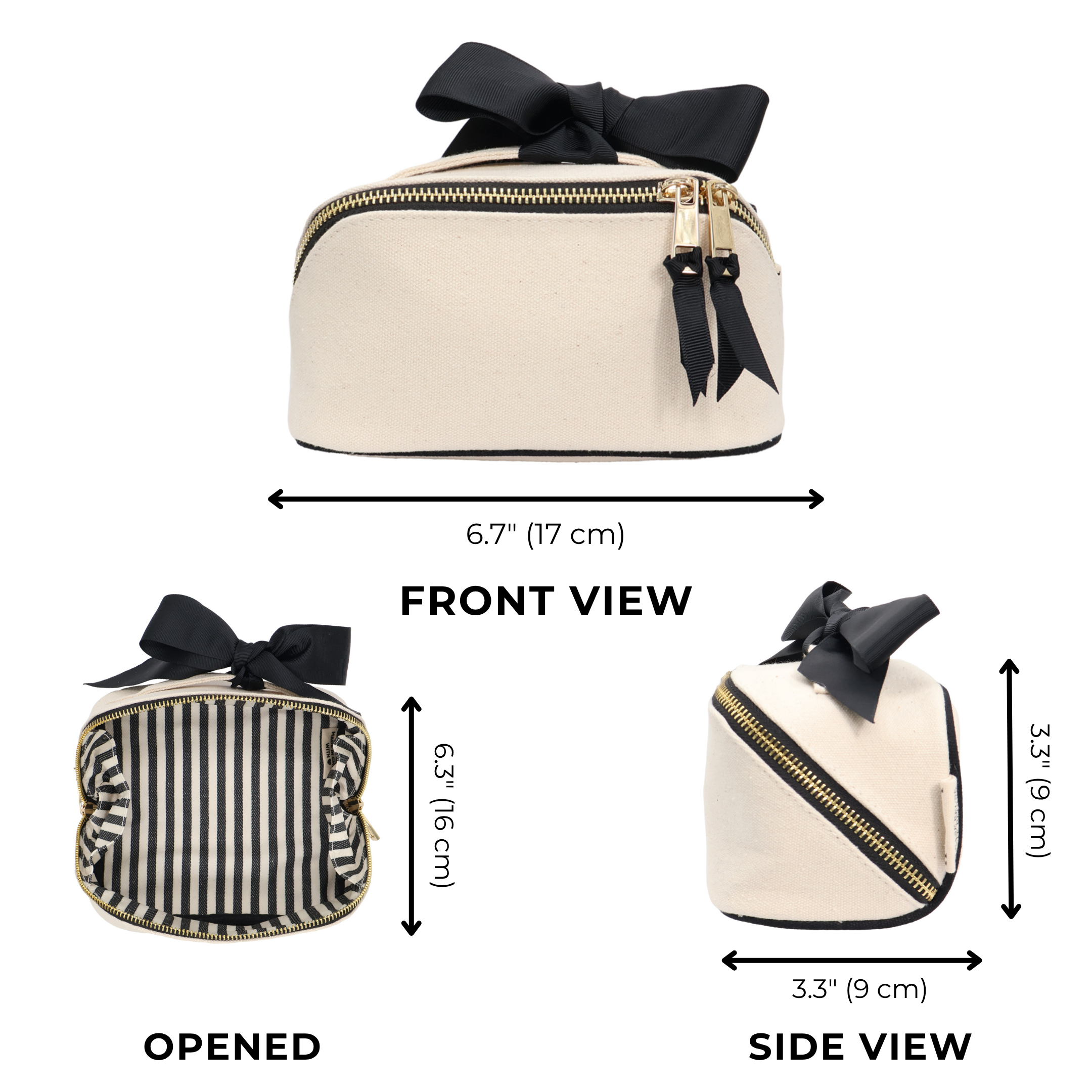 Petite Accordion Makeup Case – Cream by Bag-all, a Paris-designed personalized cotton travel bag with spacious striped interior and black bow detail.