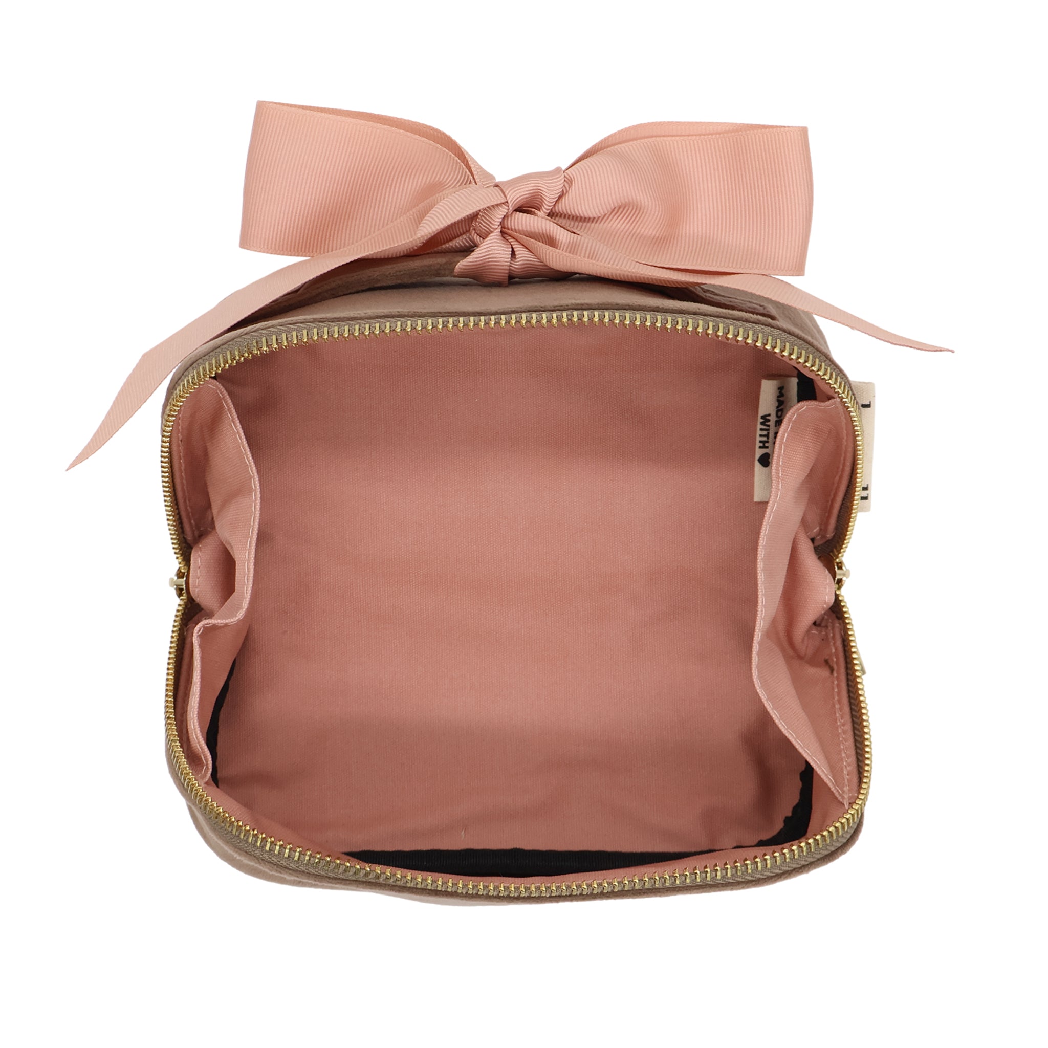 Petite Accordion Makeup Case – Eco Velvet – Latte Taupe with spacious cotton interior, soft grosgrain bow, and durable eco velvet for personalized travel organization by Bag-all