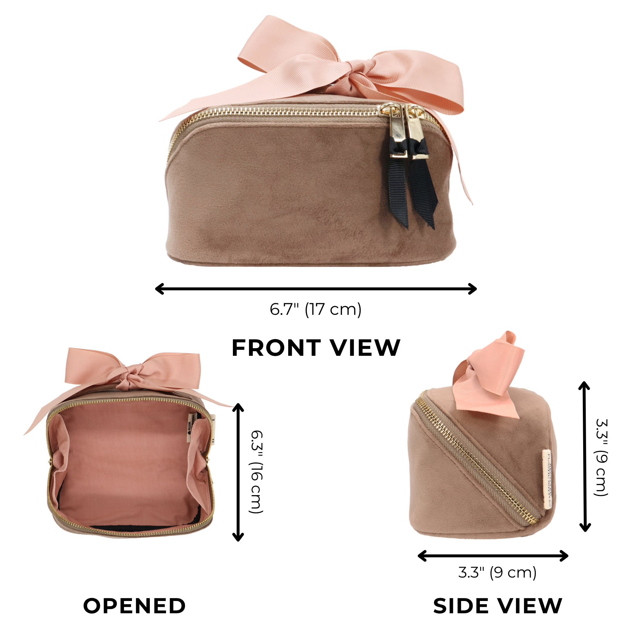 Petite Accordion Makeup Case – Eco Velvet – Latte Taupe with soft velvet, blush grosgrain bow, gold zippers, and spacious interior for personalized travel organization by Bag-all.