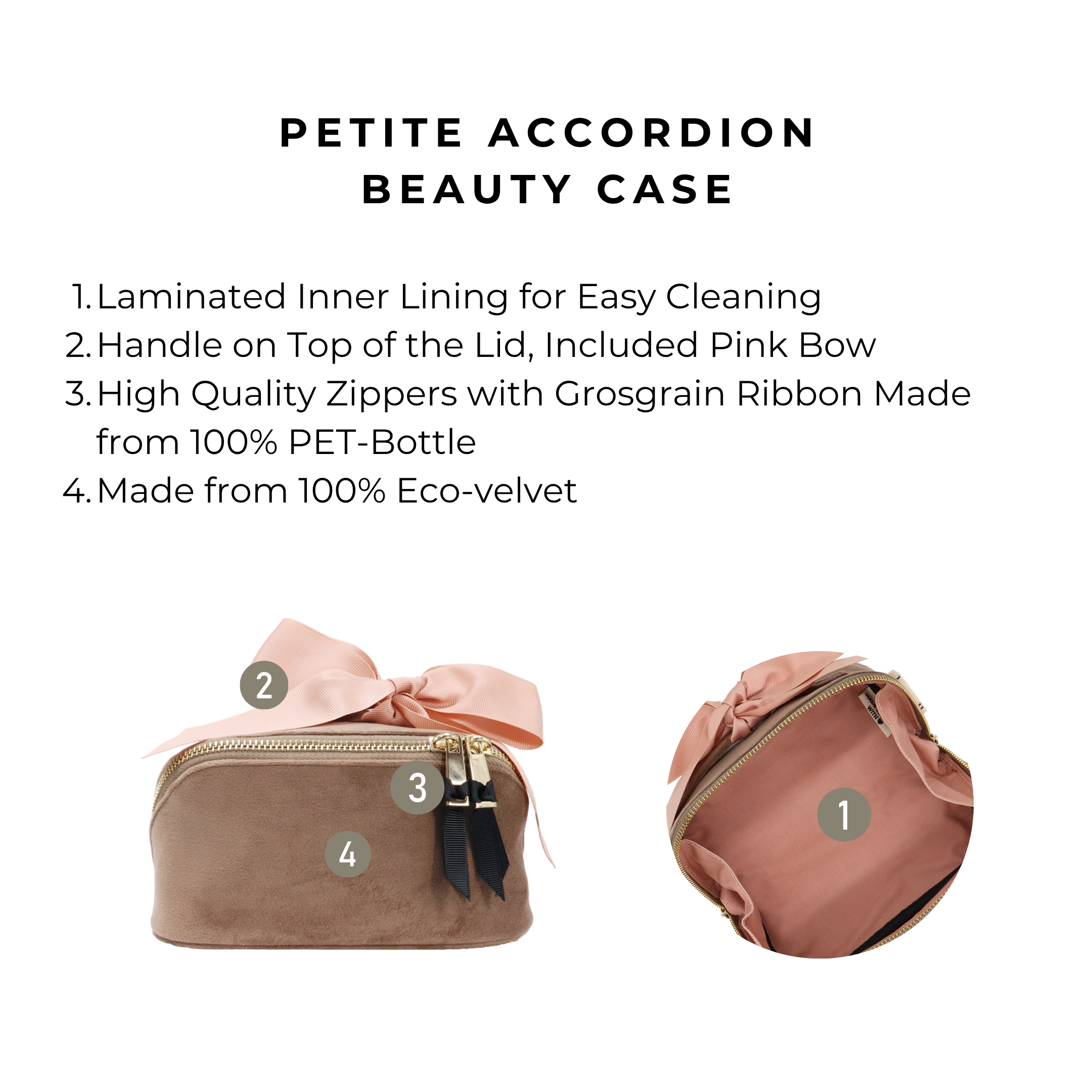 Petite Accordion Makeup Case – Eco Velvet – Latte Taupe with eco-friendly velvet, pink grosgrain bow, durable zippers, and laminated easy-clean lining by Bag-all.