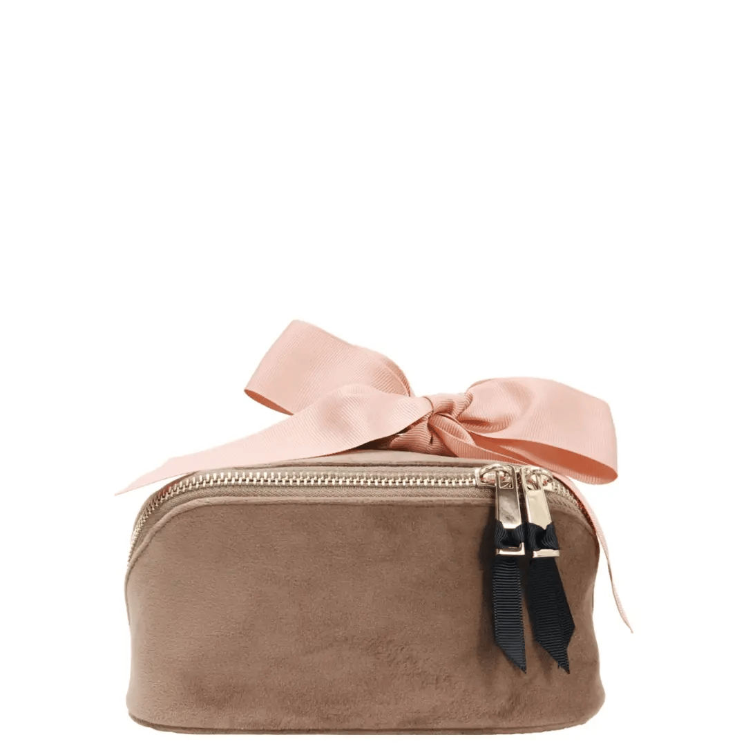 Petite Accordion Makeup Case – Eco Velvet – Latte Taupe with soft velvet texture, pink grosgrain bow, dual zipper, perfect for personalized travel organization by Bag-all.