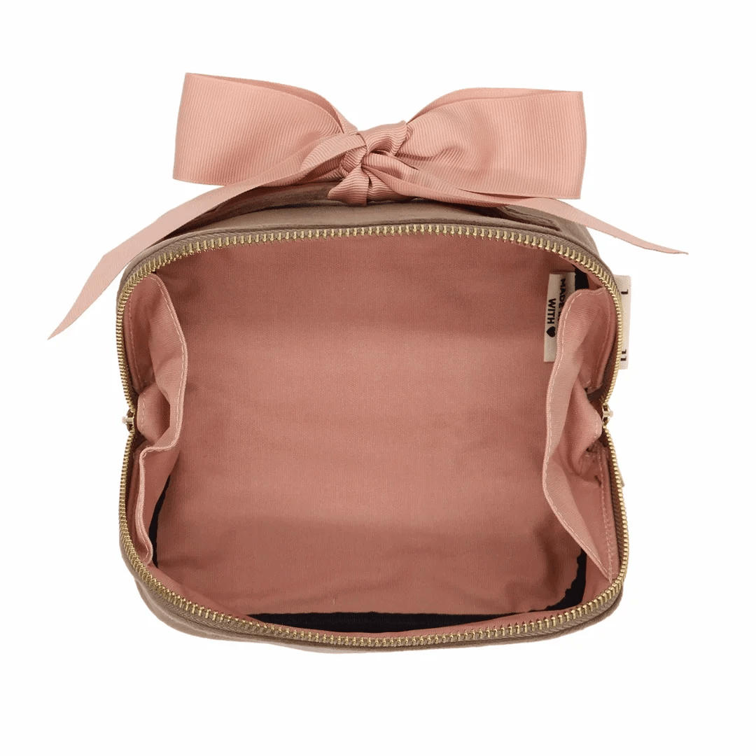 Petite Accordion Makeup Case – Velvet – Latte Taupe by Bag-all, open with bow and roomy lining for travel organization