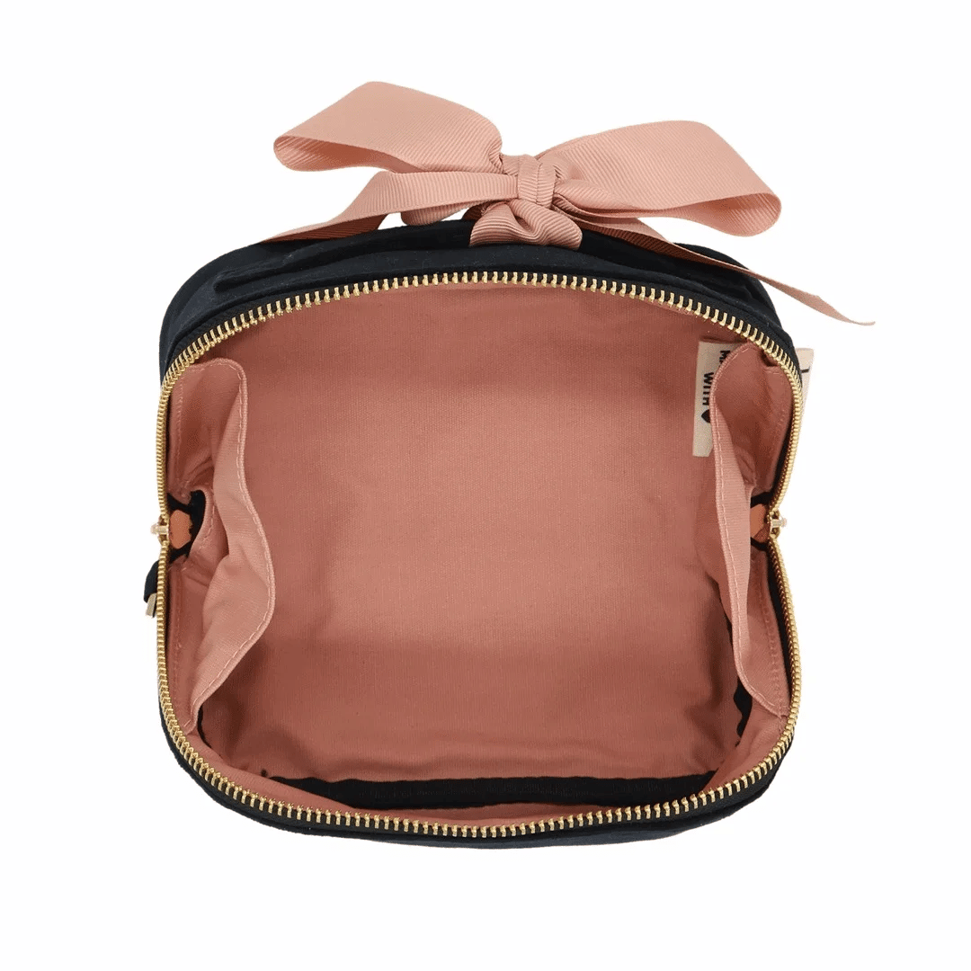 Petite Accordion Makeup Case – Velvet – Jetset Black by Bag-all with bow and roomy lining for travel organization and gifts for frequent travelers