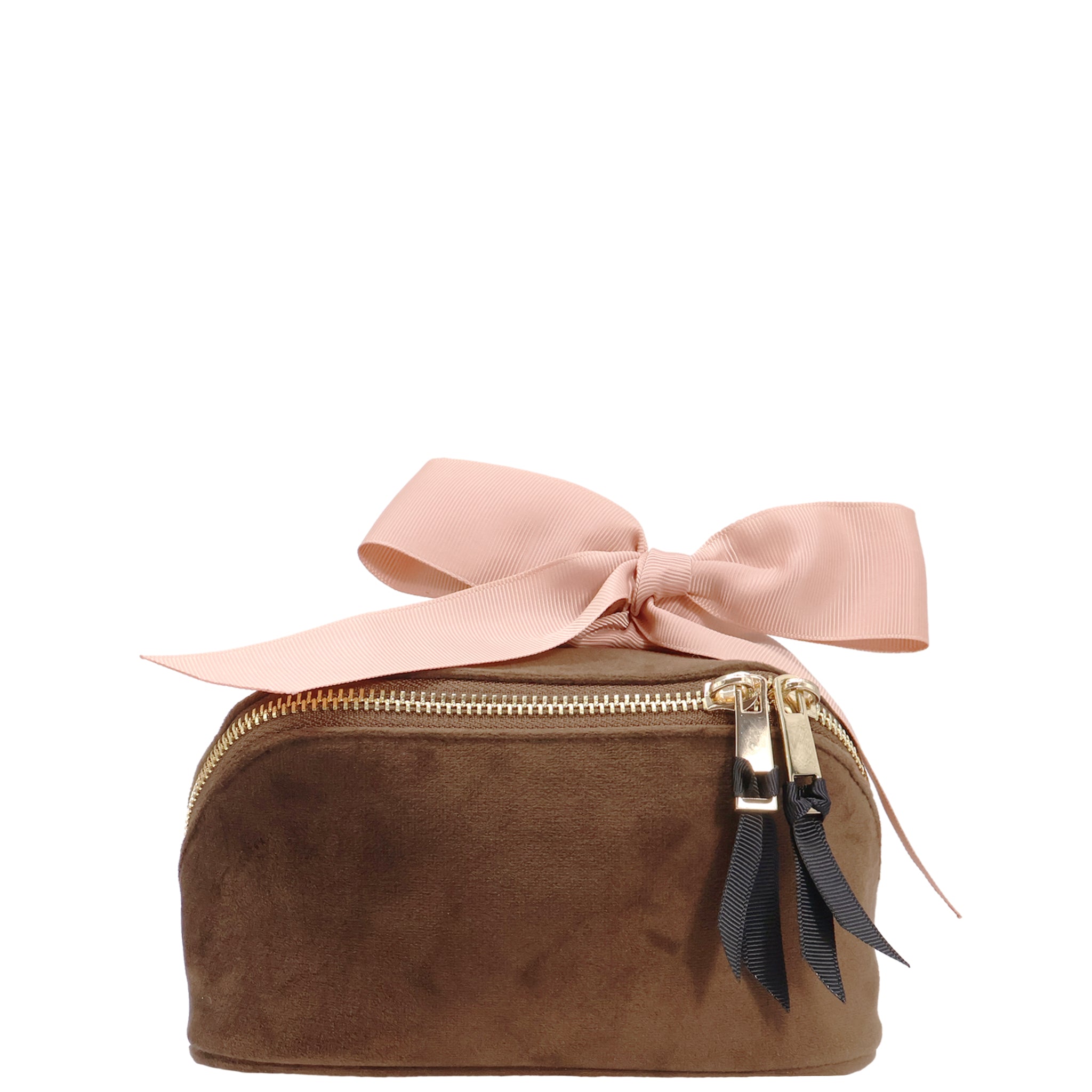 Petite Accordion Makeup Case – Eco Velvet – Espresso Brown with soft velvet texture, pink grosgrain bow, gold zippers for stylish travel organization by Bag-all