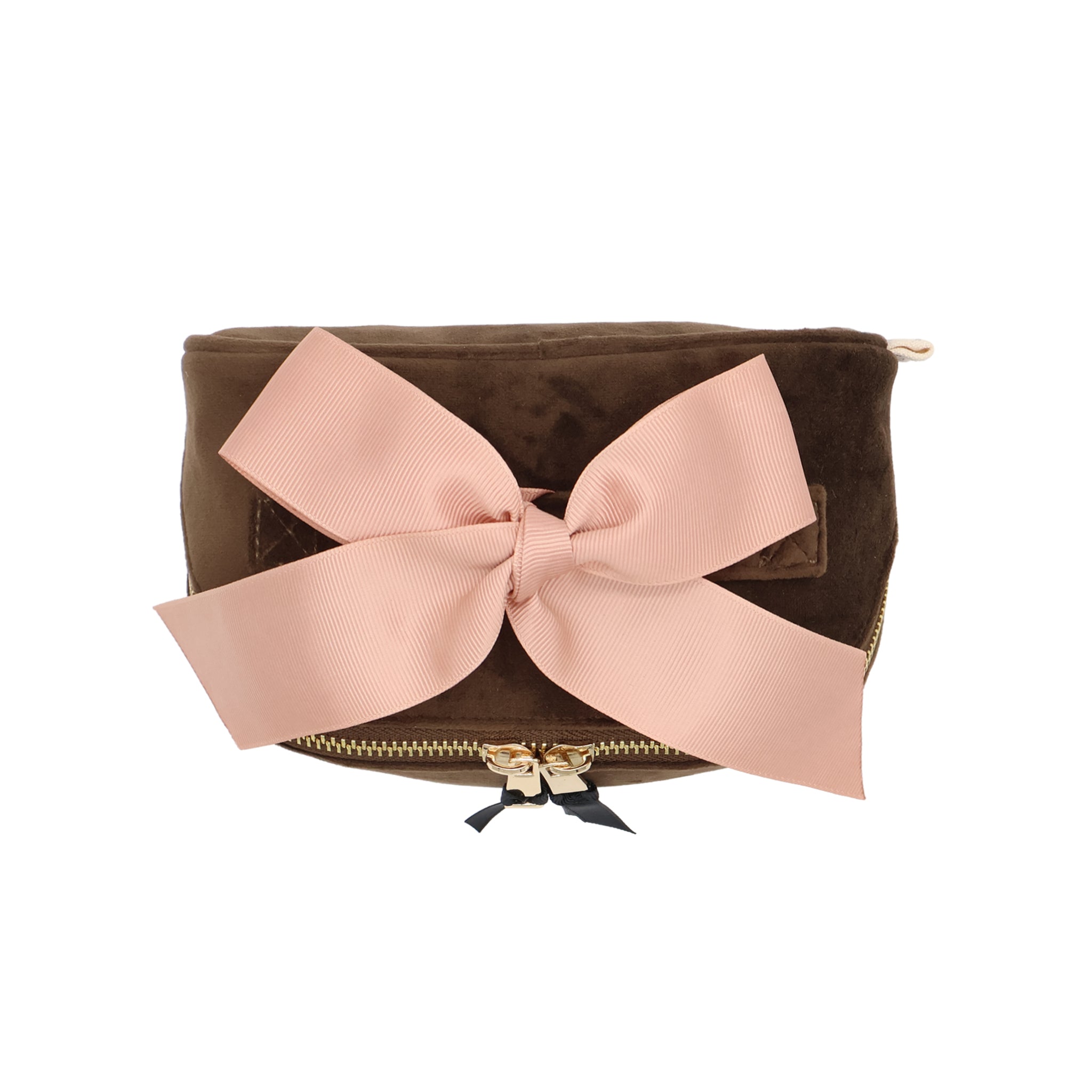 Petite Accordion Makeup Case – Eco Velvet – Espresso Brown with plush velvet, soft pink grosgrain bow, and durable gold zipper for stylish travel by Bag-all.