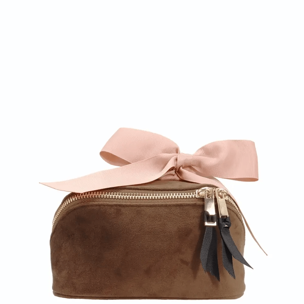 Petite Accordion Makeup Case – Velvet – Espresso Brown by Bag-all with bow and zipper for travel organization