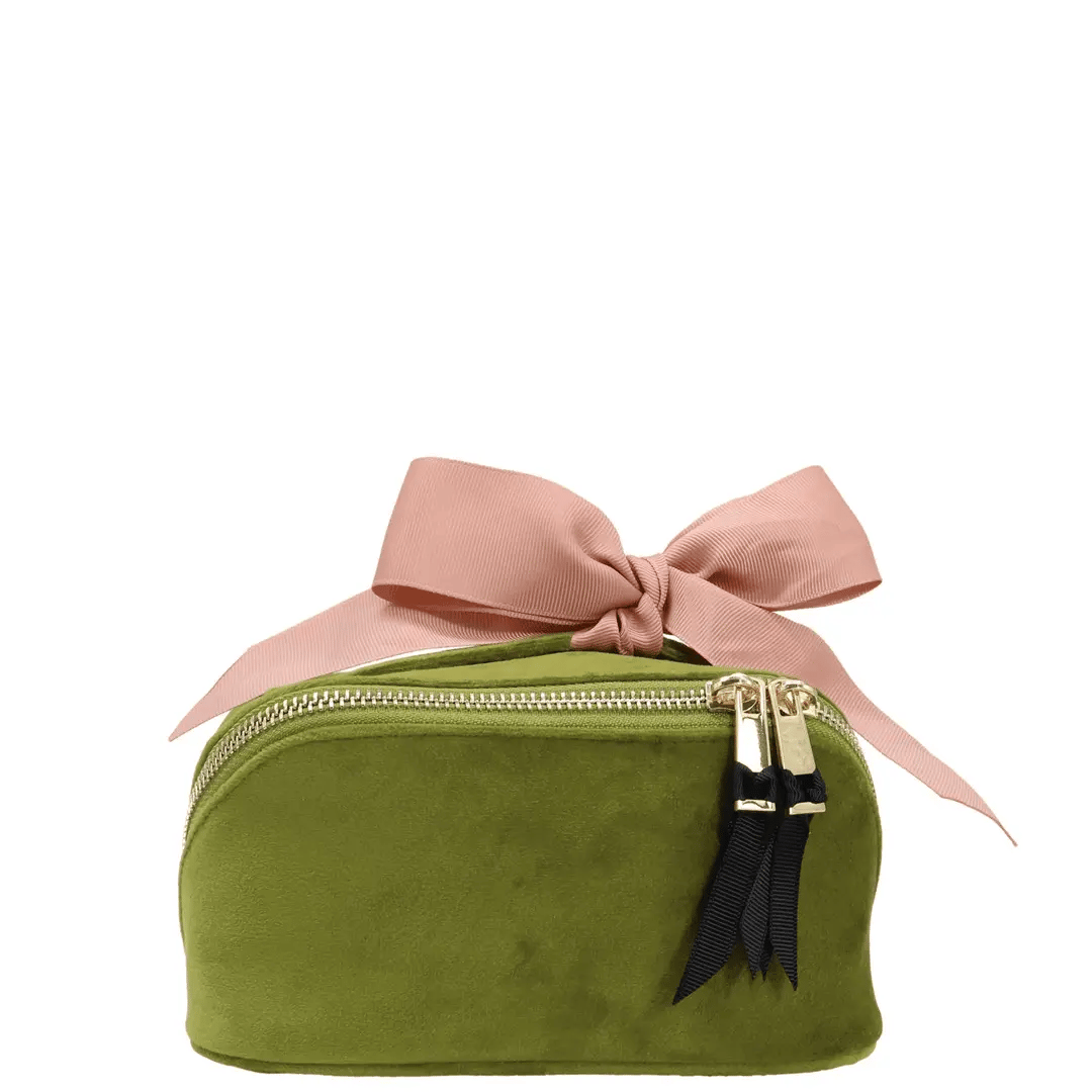 Petite Accordion Makeup Case – Eco Velvet – Matcha Green, a Paris-designed Bag-all cotton travel pouch with velvet texture and pink bow detail for organized packing.