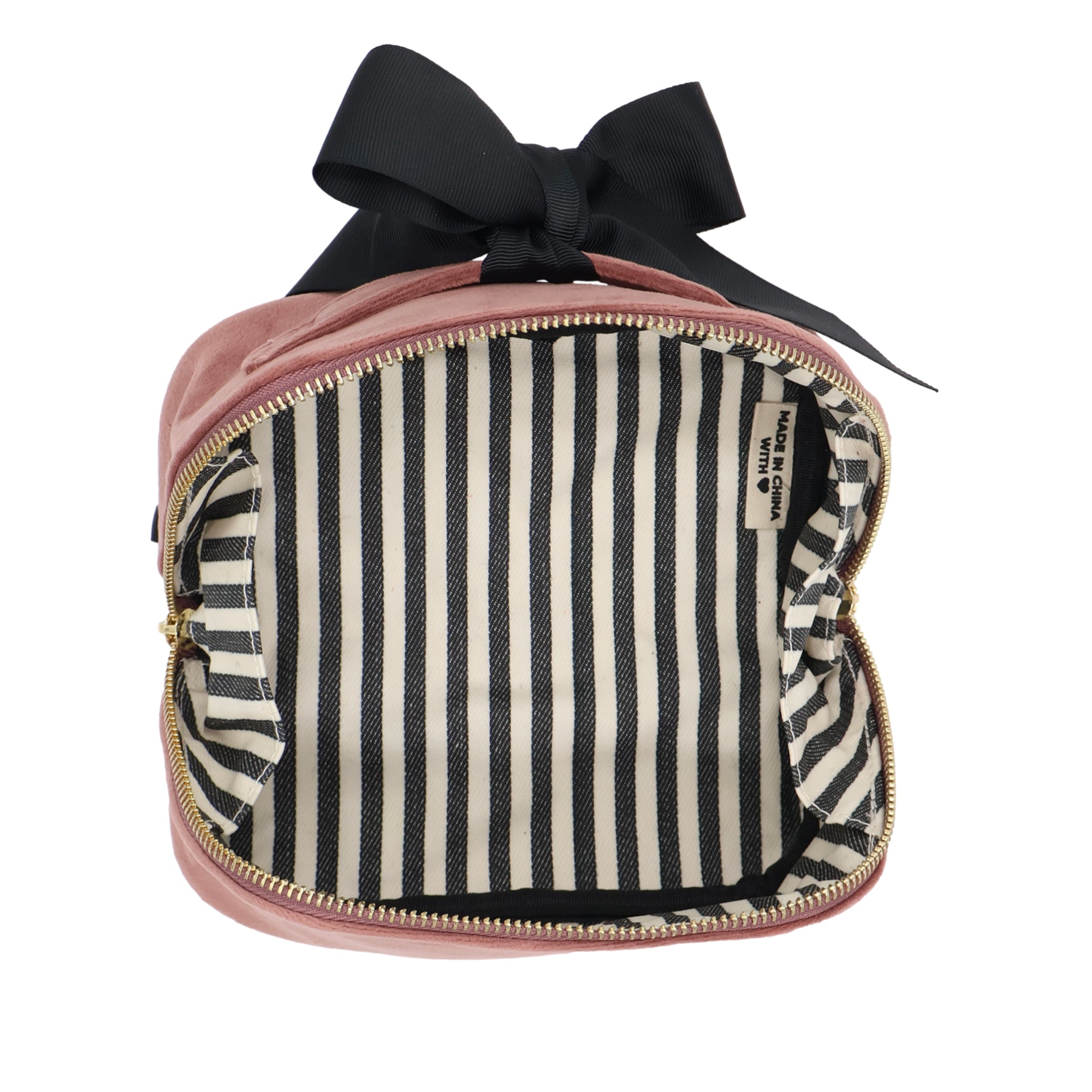 Petite Accordion Makeup Case – Eco Velvet – Blush Pink with black grosgrain bow, striped cotton interior, designed by Bag-all for personalized travel organization.