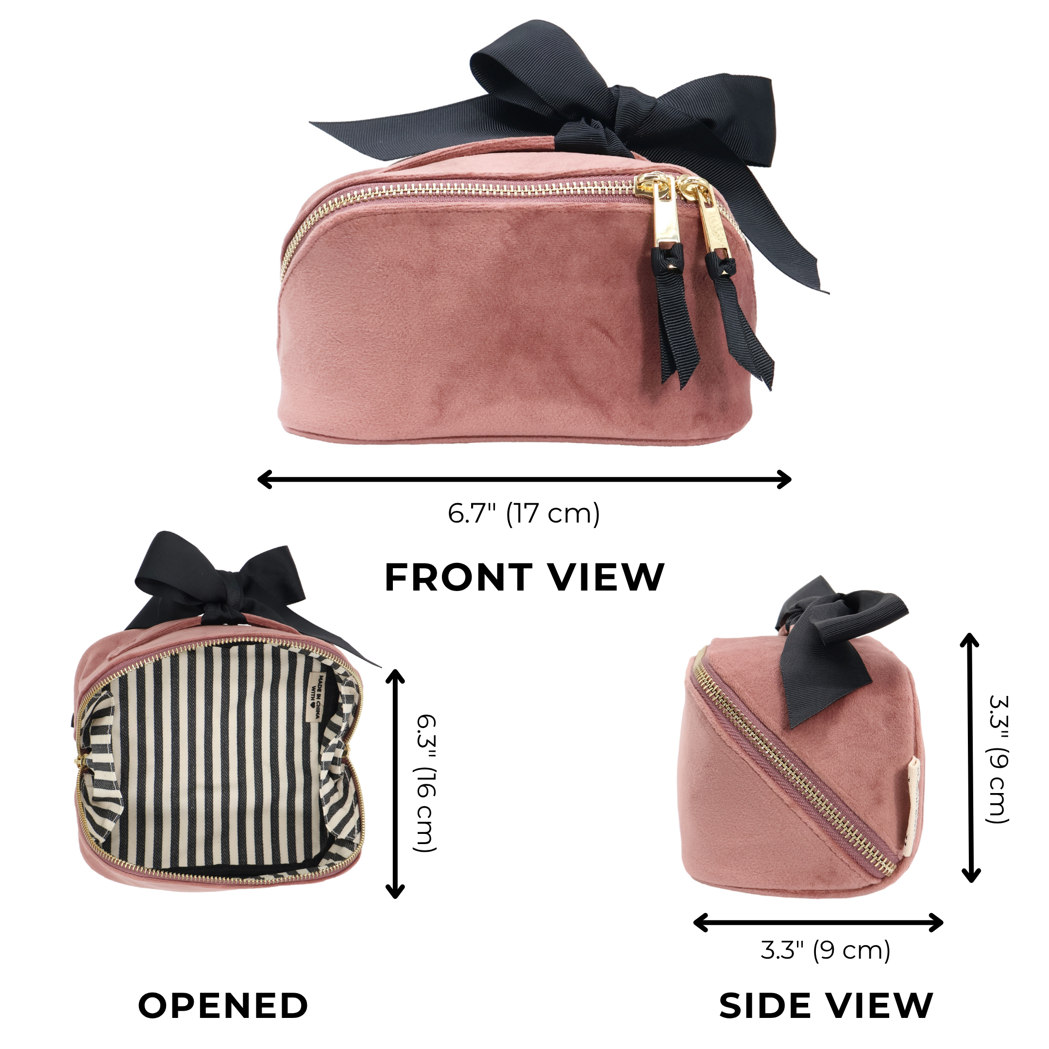 Petite Accordion Makeup Case – Eco Velvet – Blush Pink in soft velvet with gold zippers and black bow, perfect for stylish travel organization by Bag-all.