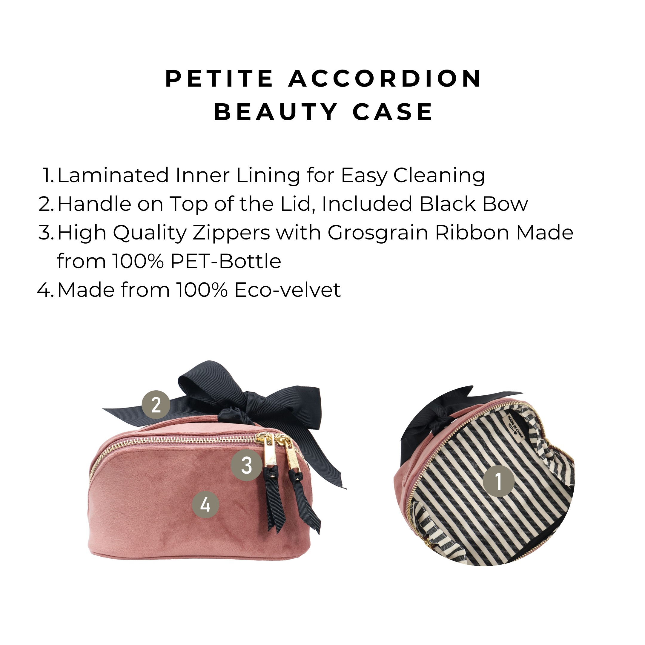 Petite Accordion Makeup Case – Eco Velvet – Blush Pink with easy-clean lining, black bow handle, and durable zippers, perfect for personalized travel organization by Bag-all.