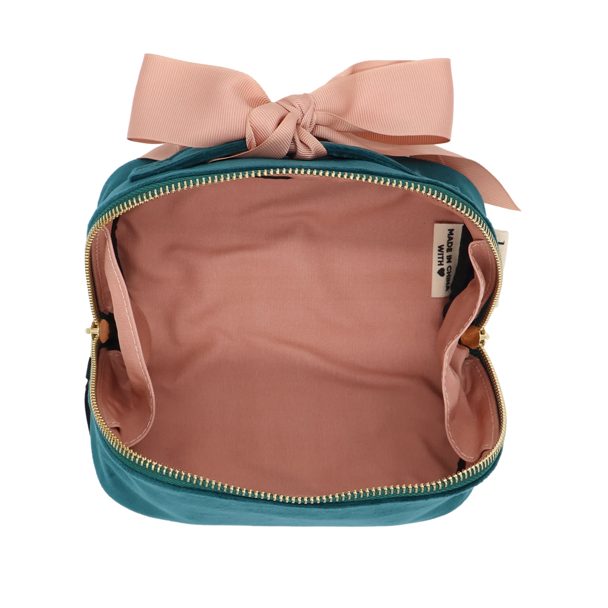 Petite Accordion Makeup Case – Eco Velvet – Aqua Teal with pink grosgrain bow, soft cotton interior, and gold zippers for stylish travel organization by Bag-all.