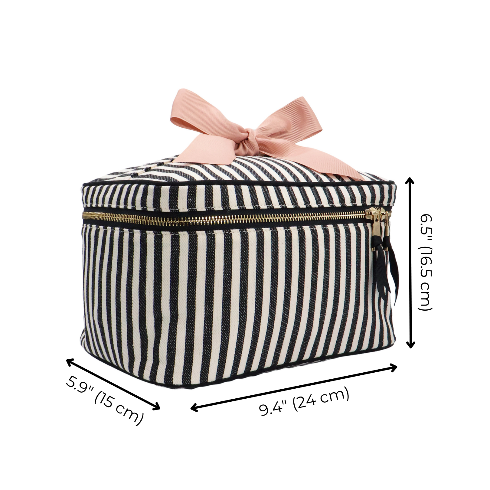 Medium Box Makeup & Toiletry with Insert Organizer – Striped by Bag-all, stylish personalized cotton travel organizer with gold zipper and pink bow accent.