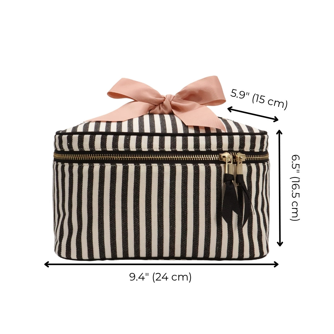 Striped cotton travel organizer with gold zipper and pink bow, part of Cutest Striped Travel Gift Set Deal 3-Pack by Bag-all for stylish packing.