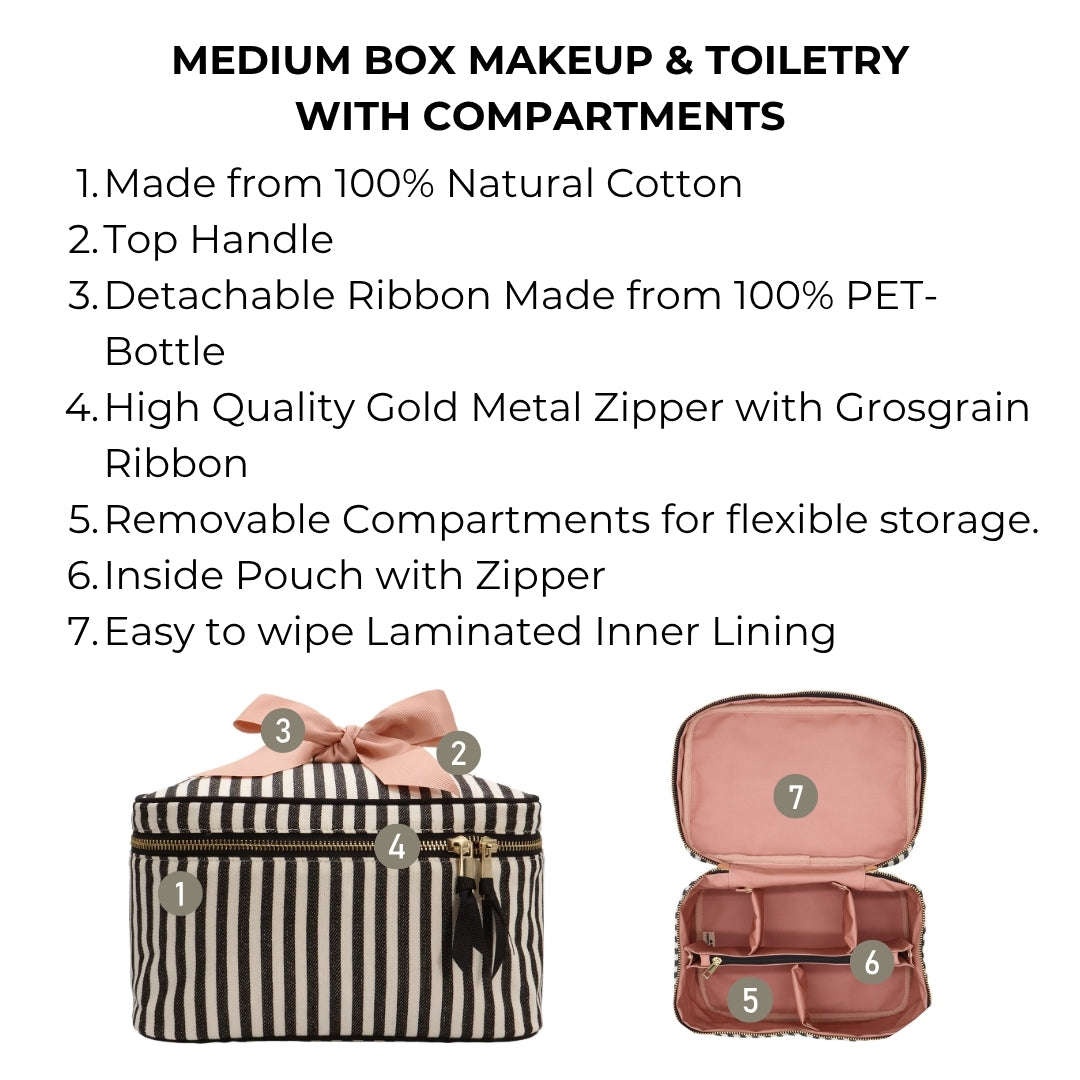 Cutest Striped Travel Gift Set Deal 3-Pack featuring striped cotton makeup box with removable compartments and gold zipper for smart travel organization by Bag-all.