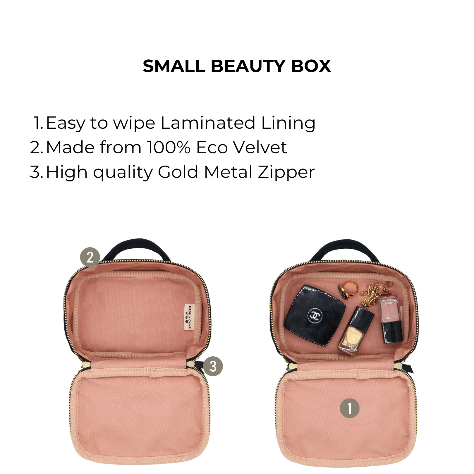 Small Beauty Box – Eco Velvet – Black with easy-clean laminated pink interior, eco-friendly velvet exterior, and durable gold zipper for stylish travel organization.